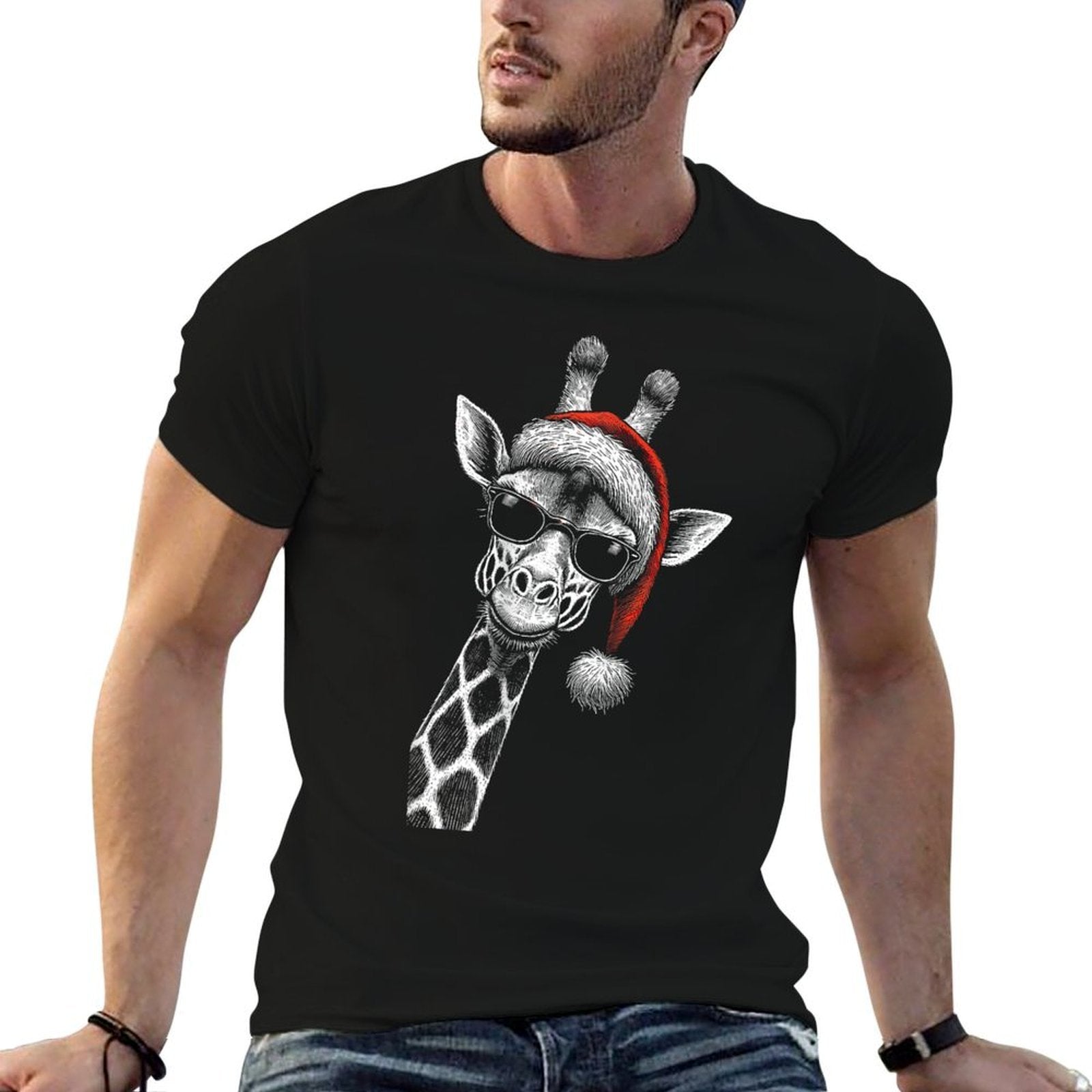 Giraffe Christmas Santa Hat Pajama Funny Giraffe Xmas  Oversized Silhouette T-Shirt