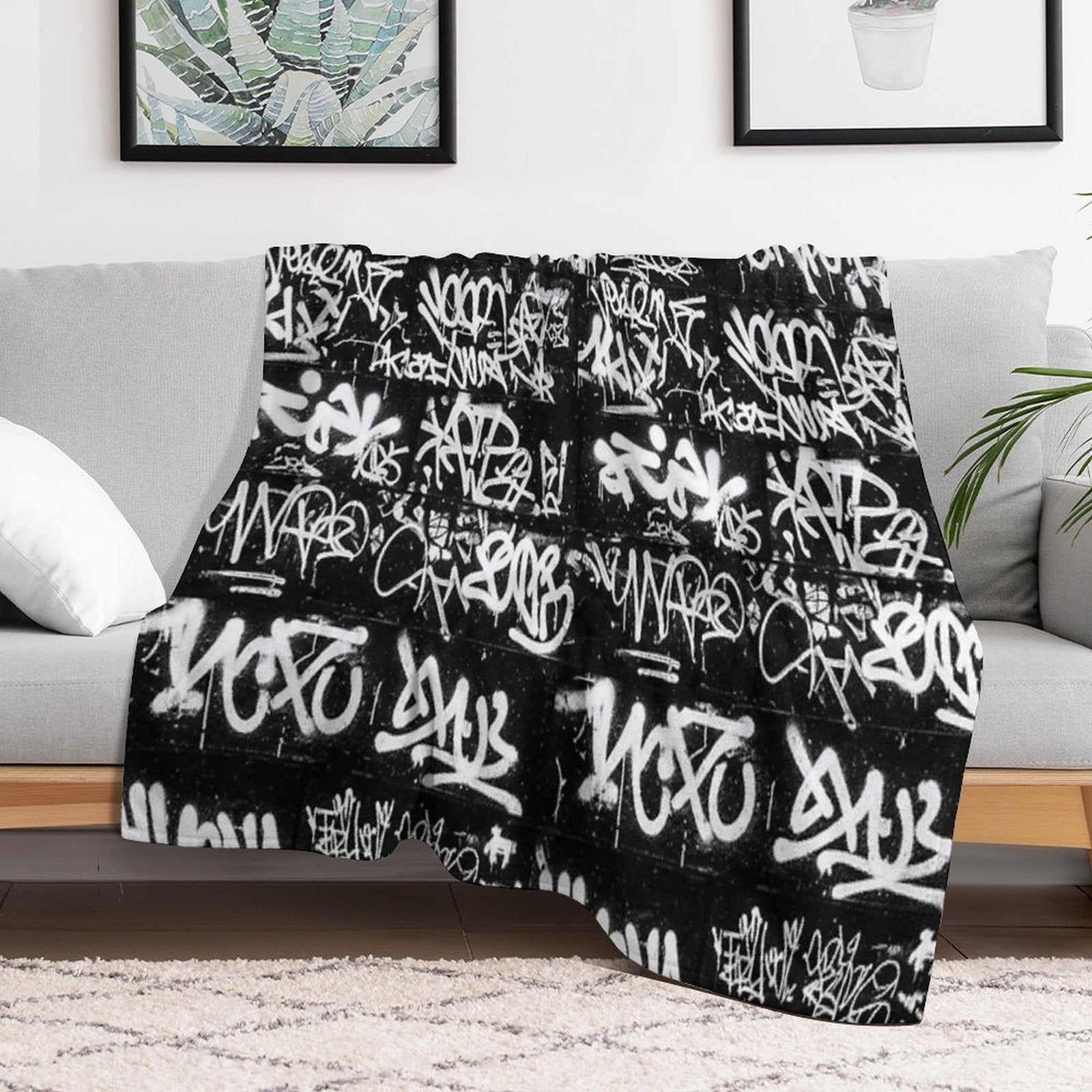 White Graffiti Tags on Black Wall Mural Durable Throw Blanket