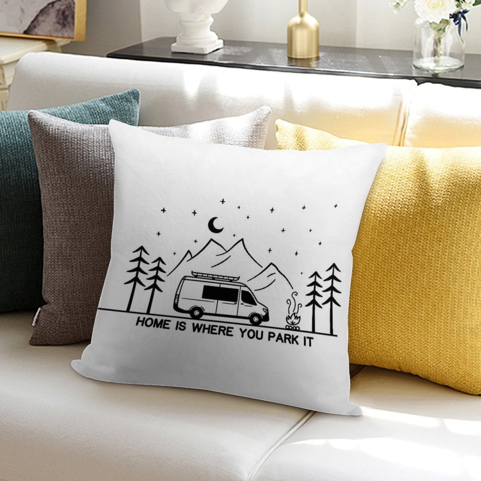 Home Is Where You Park It  Vanlife  Campervan  Camping  Outdoors  RV Soft Easy Maintenance Throw Pillow
