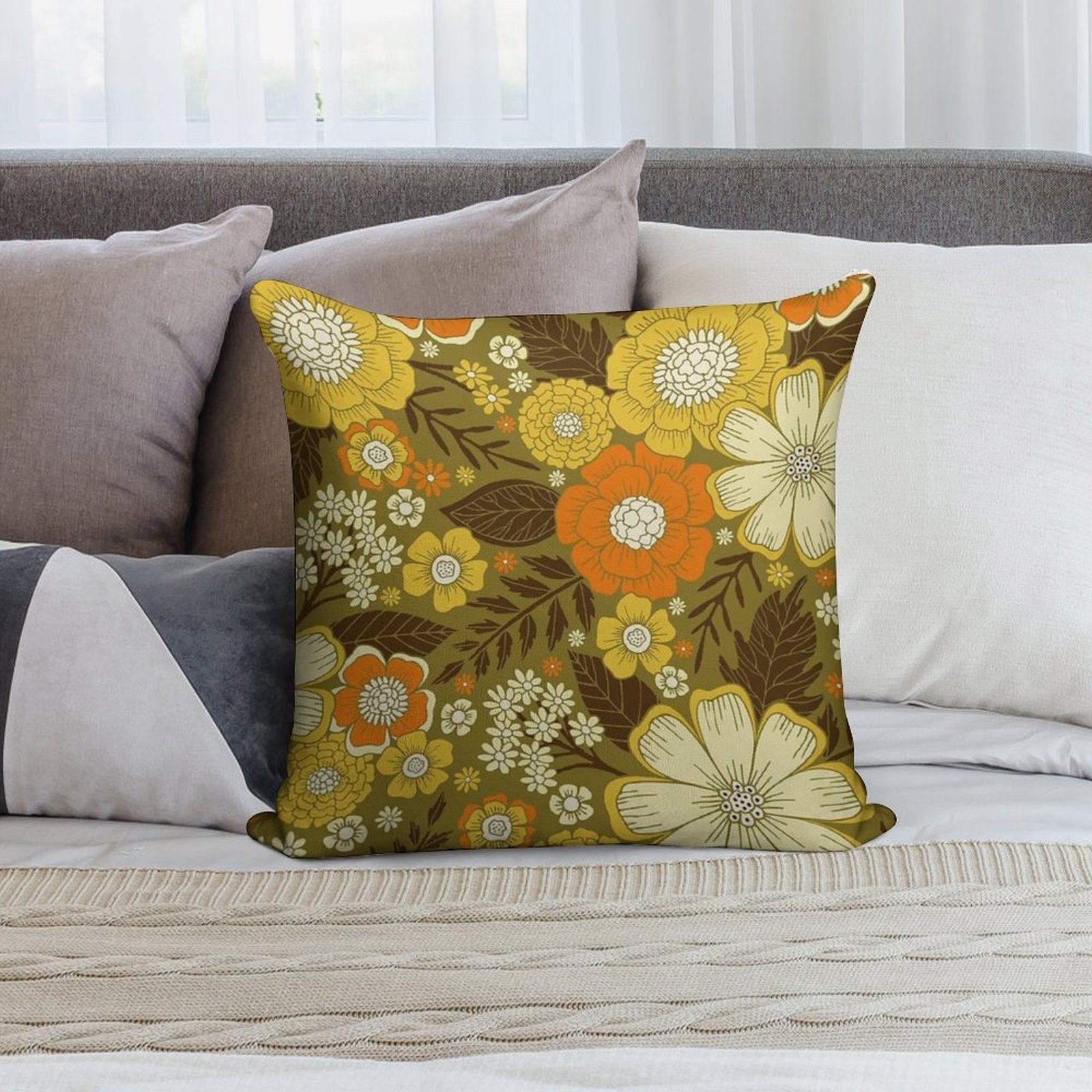 1970s RetroVintage Floral Pattern Soft Hidden Zipper Throw Pillow