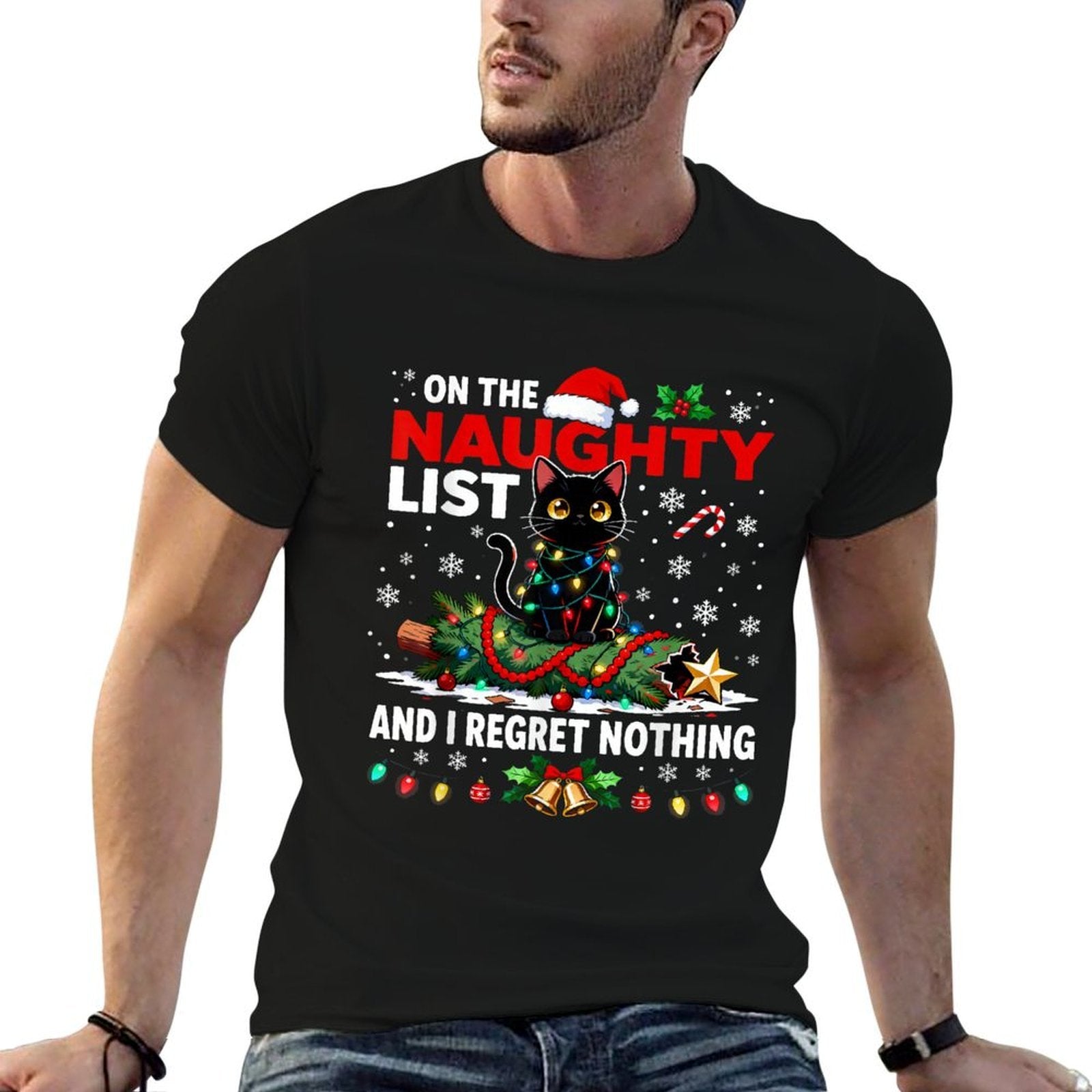I Regret Nothing On The Naughty List Christmas Black Cat  Ribbed Collar T-Shirt
