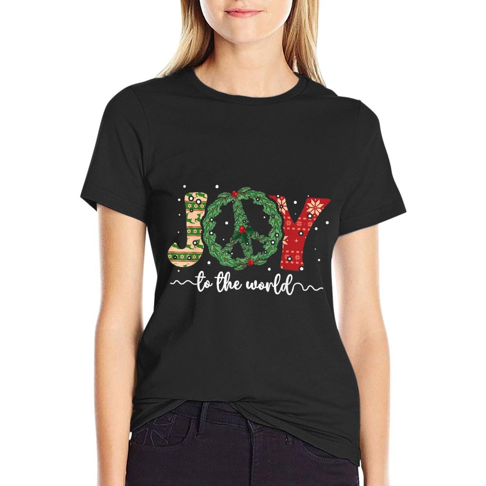 Joy to The World Peace Sign Christmas Retro 70s 80s Hippie  Cotton T-Shirt