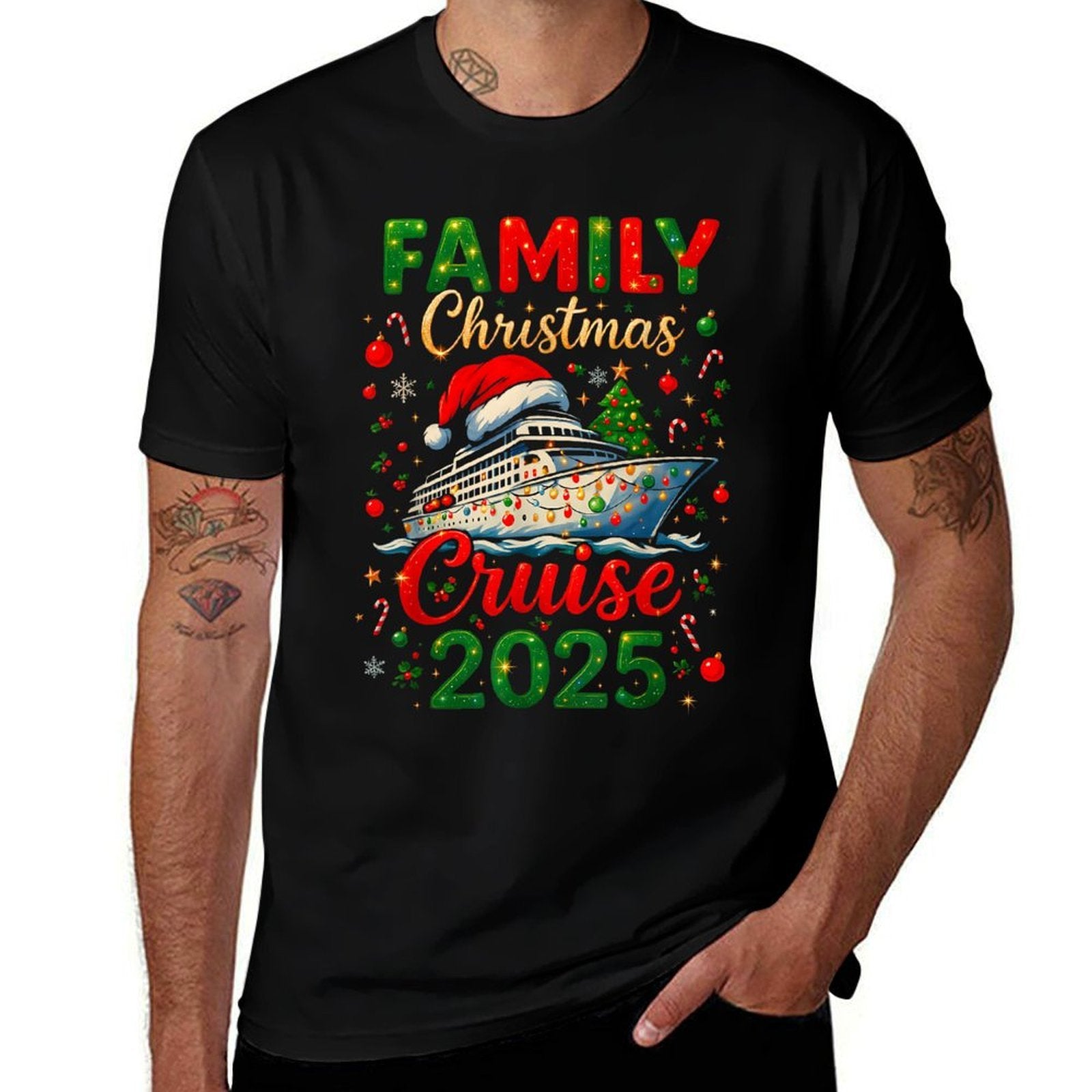 Family Christmas Cruise 2025 Matching Family Cruise Holiday  Ribbed Collar T-Shirt