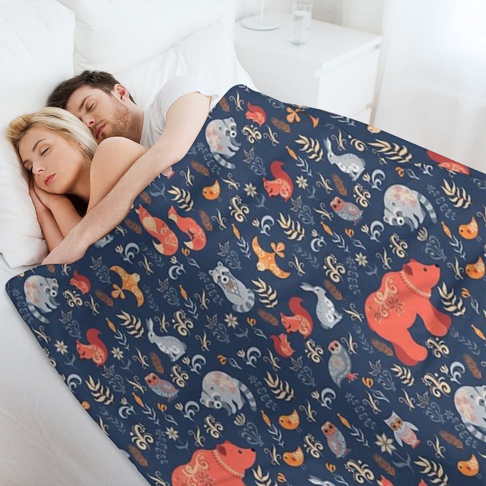 Fairy-tale Forest. Fox, Bear, Raccoon, Owls, Rabbits, Flowers And Herbs on A Blue Background. Plush Throw Blanket