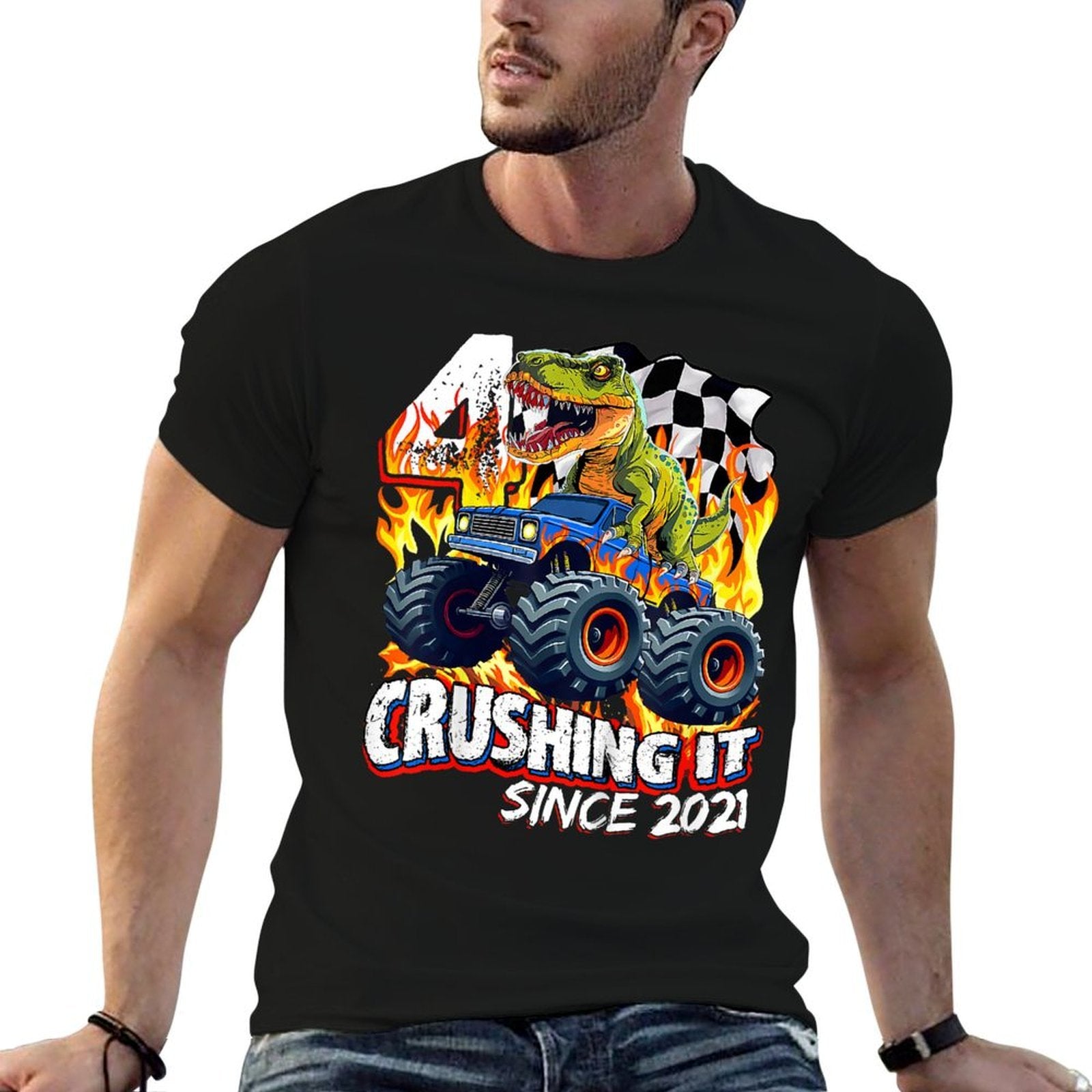 Kids Trex Dinosaur 4th Birthday Boy 4yr Monster Truck 4 Year Old  Heathered Texture T-Shirt