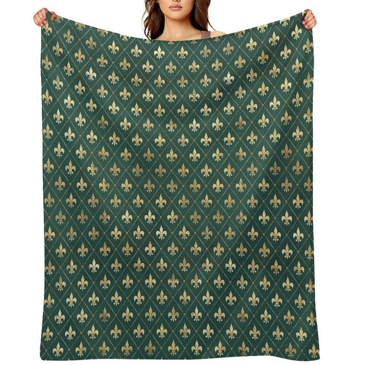 Gold Fleur-de-lis Design on A Green Background Premium Throw Blanket