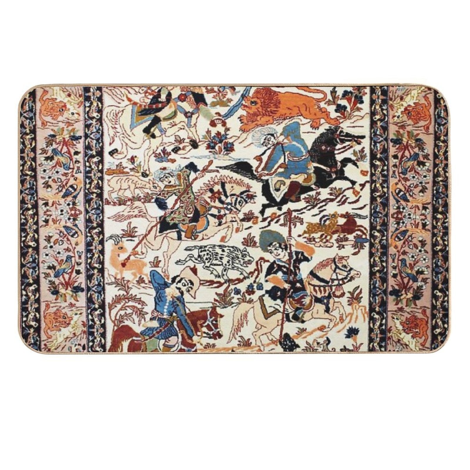 Blue Antique Persian Isfahan Silk Rug with Flowers Animals Print  Multi-Purpose Bath Mat