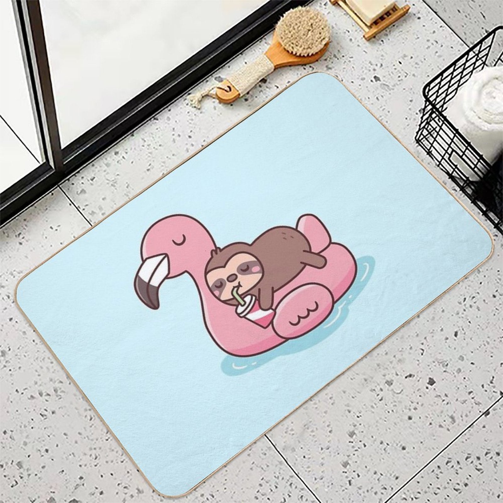 Cute Little Sloth Chilling On Flamingo Pool Float  Long-Lasting Bath Mat