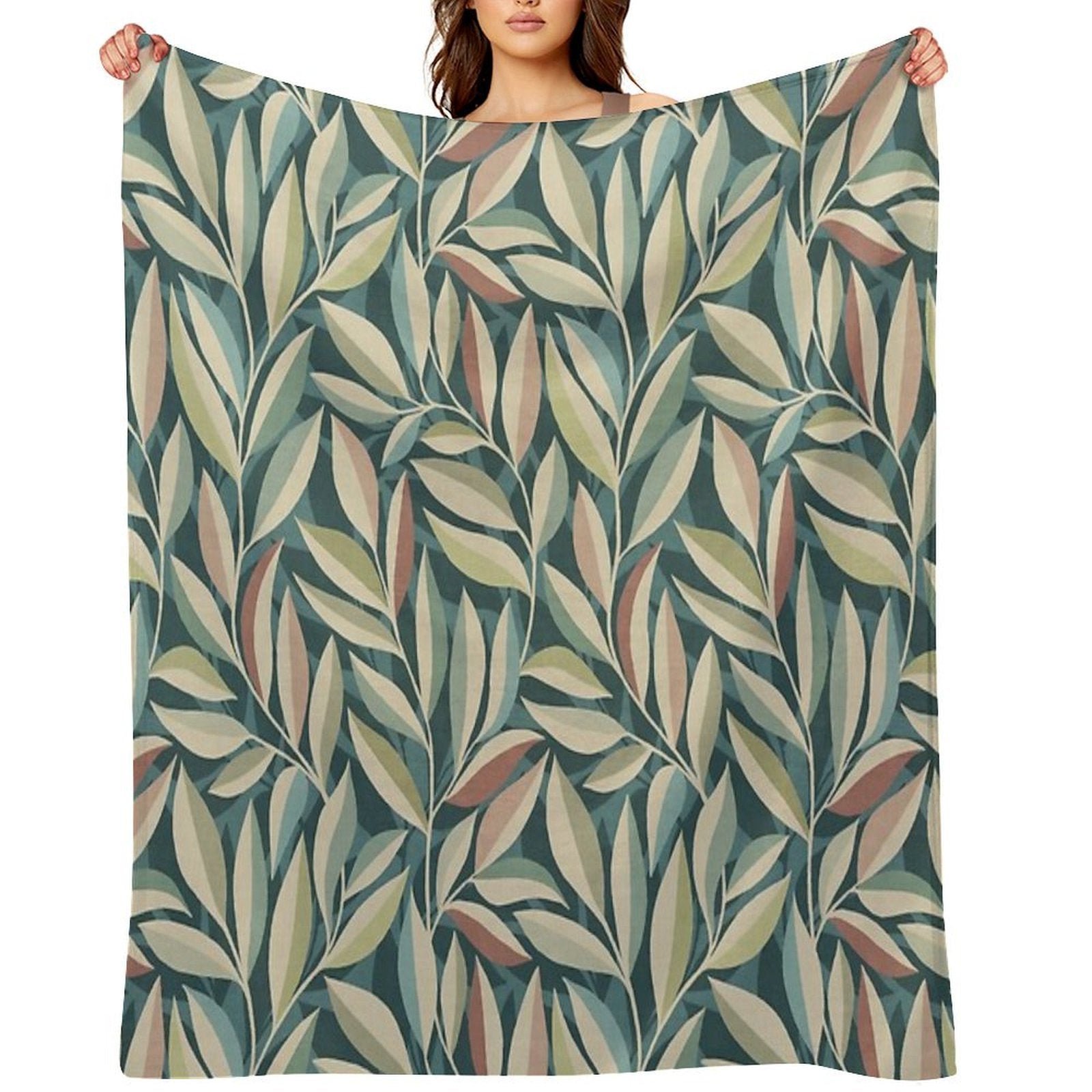 Peaceful Foliage And Shadows in Teal, Sage, Cream And Pink Pattern All-season Throw Blanket