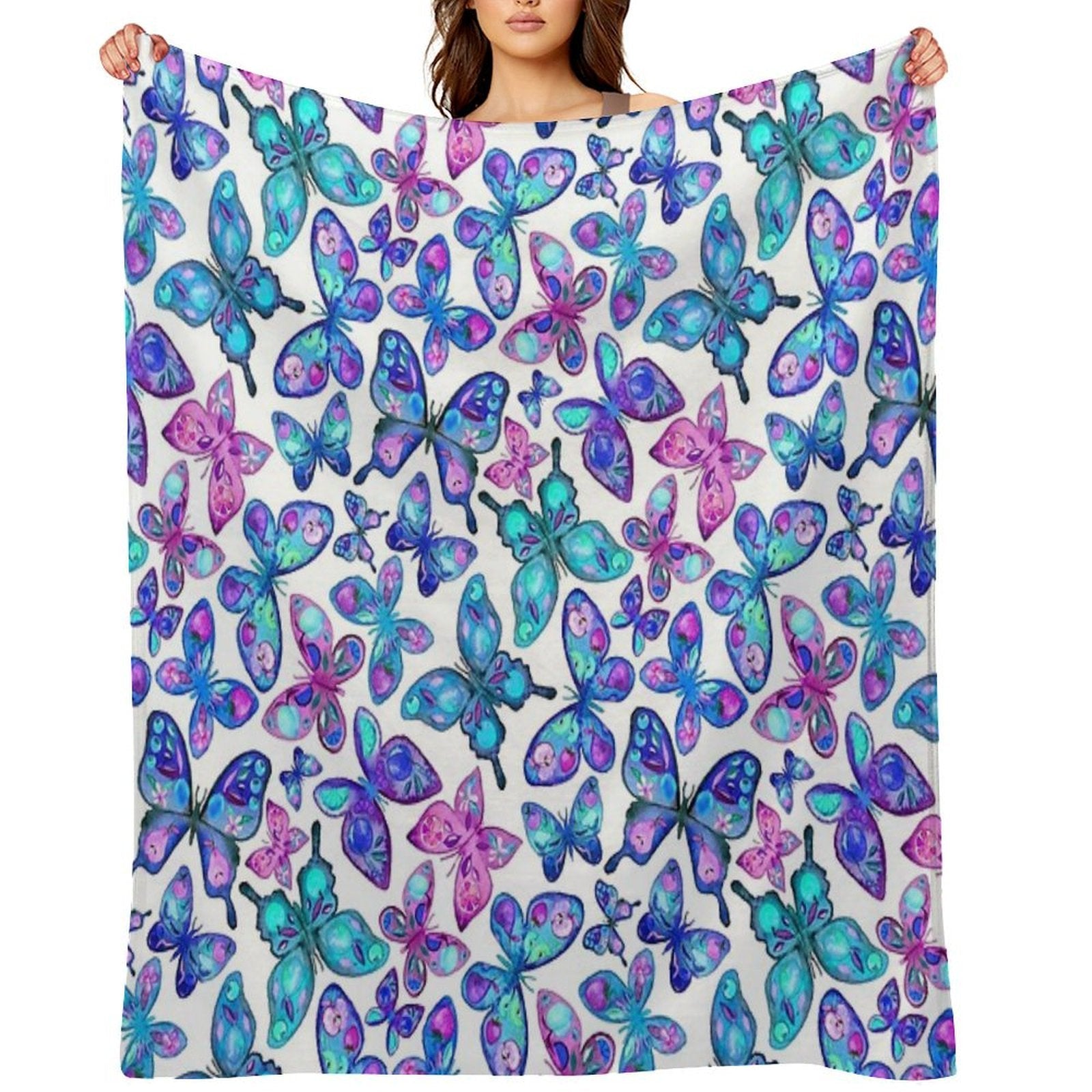 Watercolor Fruit Patterned Butterflies - Aqua And Sapphire Compact Throw Blanket
