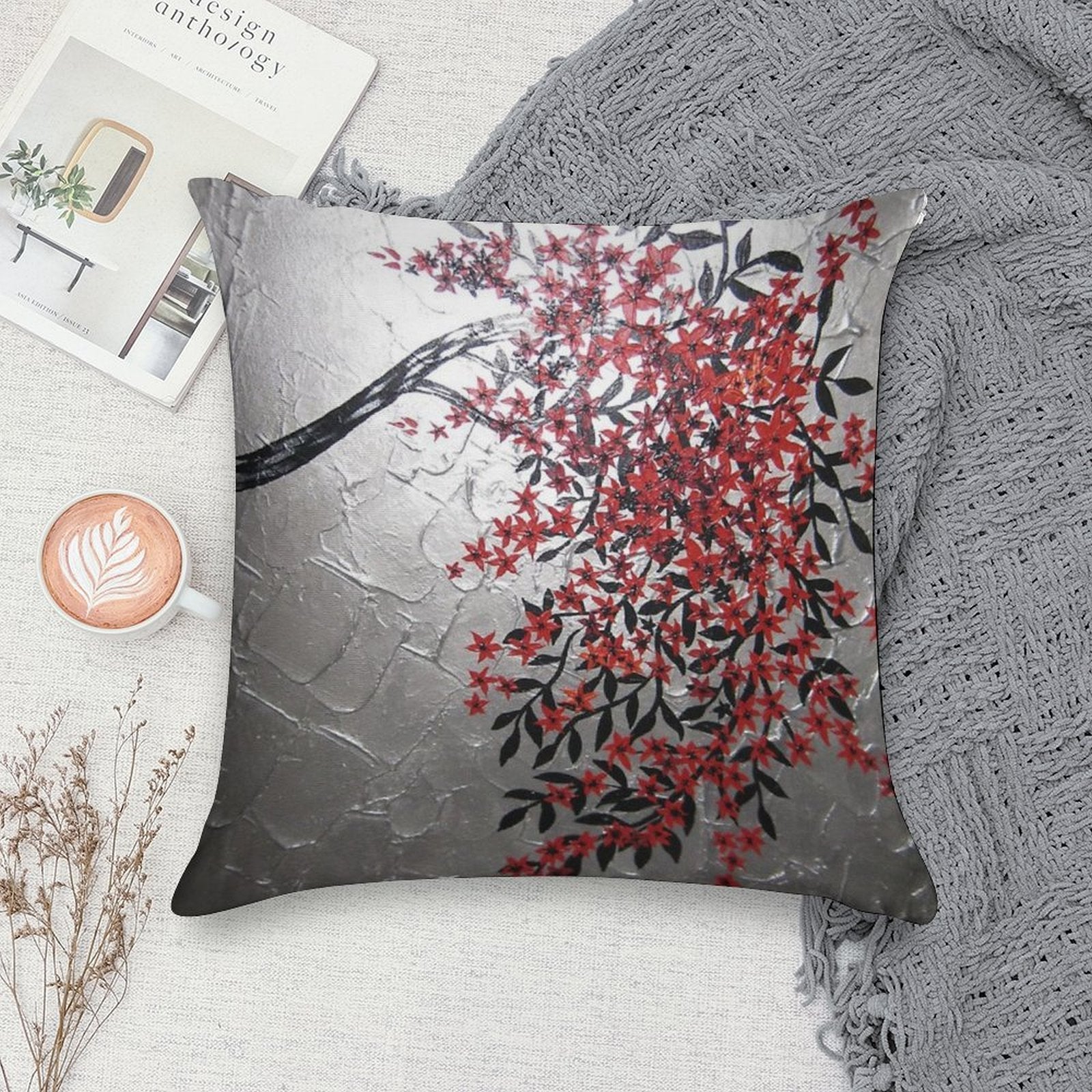 Red Black And Silver Cherry Blossom Tree Art Soft Shrink-Resistant Throw Pillow