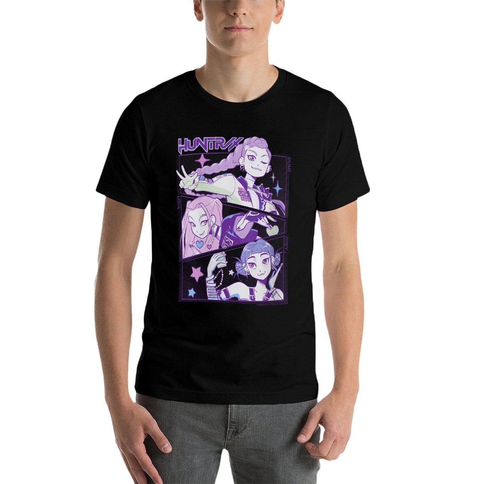 Womens Kpop Demon Hunters Huntrx Cute Vintage Animated Panels  Graphic-printed T-Shirt