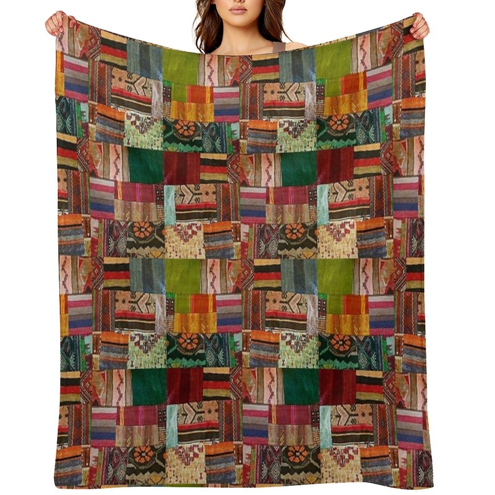 Tradional Kilim Patchwork Multi Colored Design Anti-pilling Throw Blanket