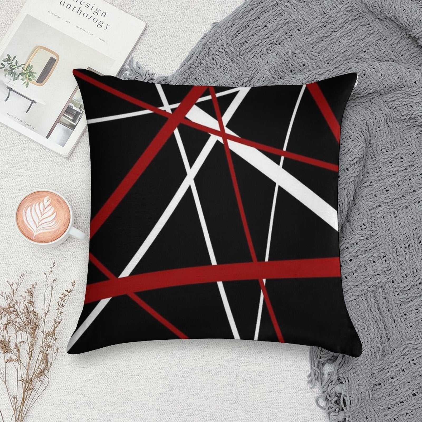 Red And White Strips Against A Black Background Soft Home Decor Throw Pillow