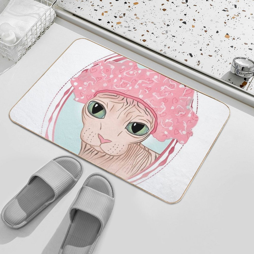 Hairless Sphynx Cat Wearing A Pink Shower Cap  Absorbent Bath Mat