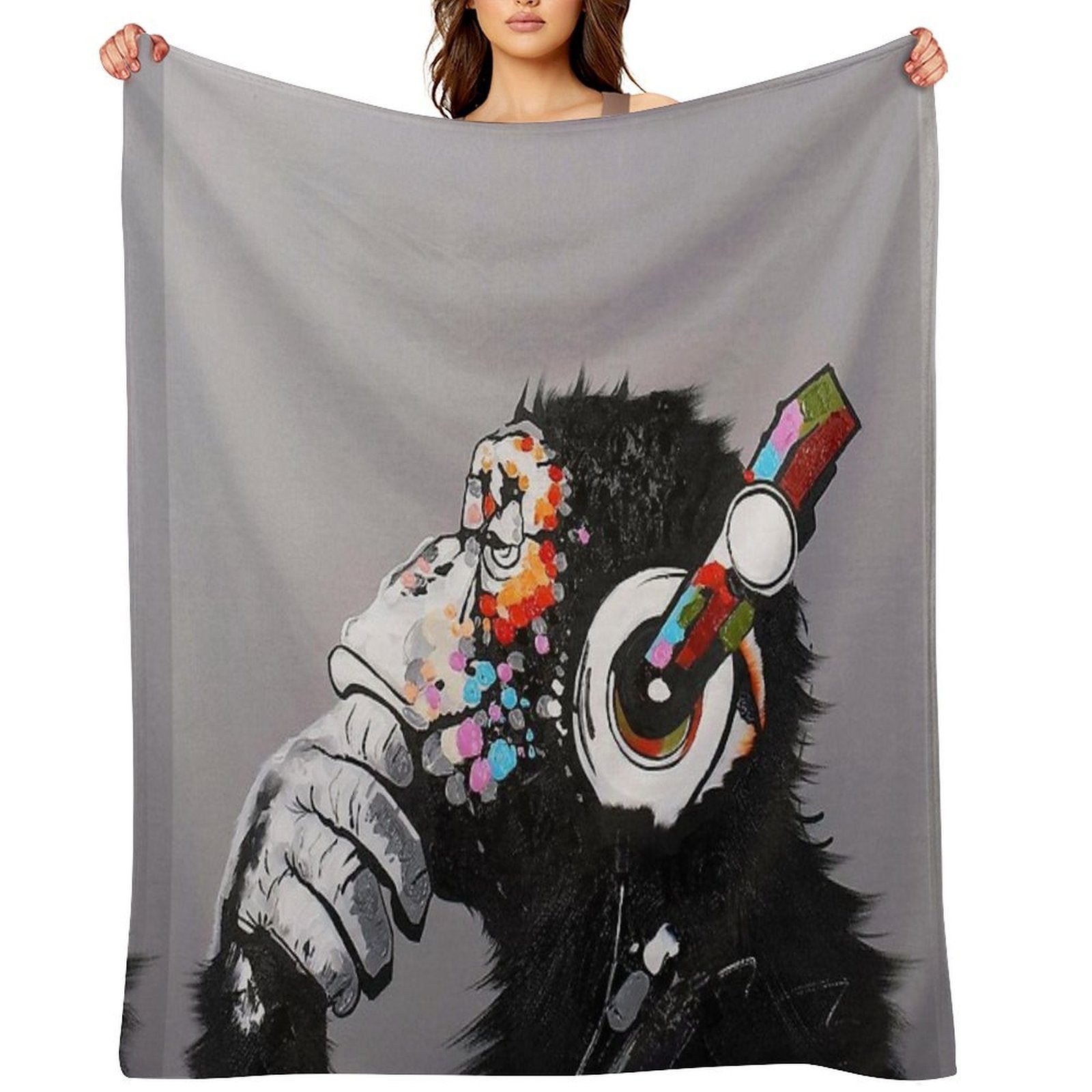 DJ Monkey With Headphones Thinking - Thinker Chimp Multi-functional Throw Blanket