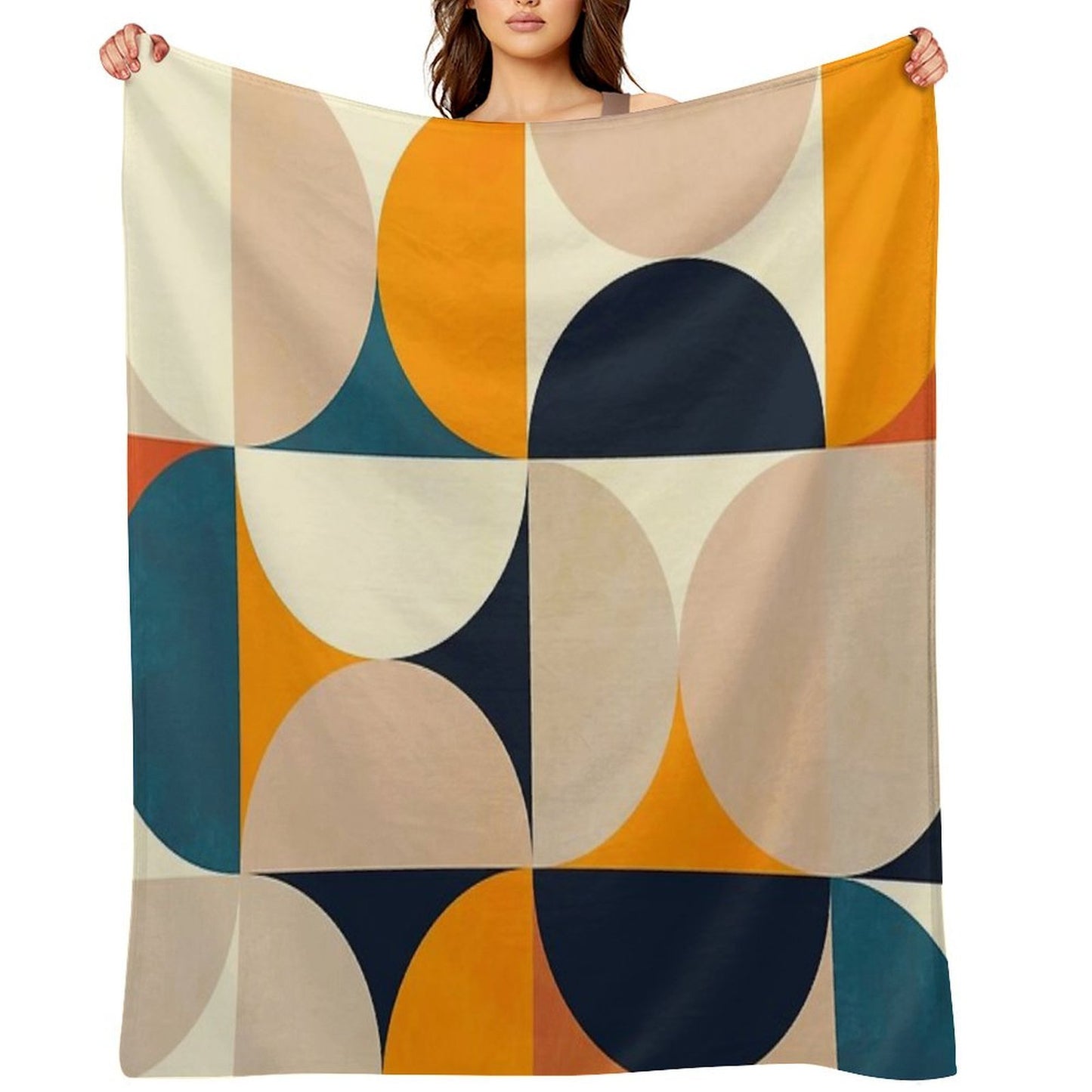 Mid Century Modern, Half Circles, Geometric, Mustard Yellow, Teal. Sand Multi-functional Throw Blanket