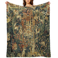 SOURCE OF LIFE Verdure with Forest Animals in Private Garden, Floral Medieval Tapesty Shrink-resistant Throw Blanket