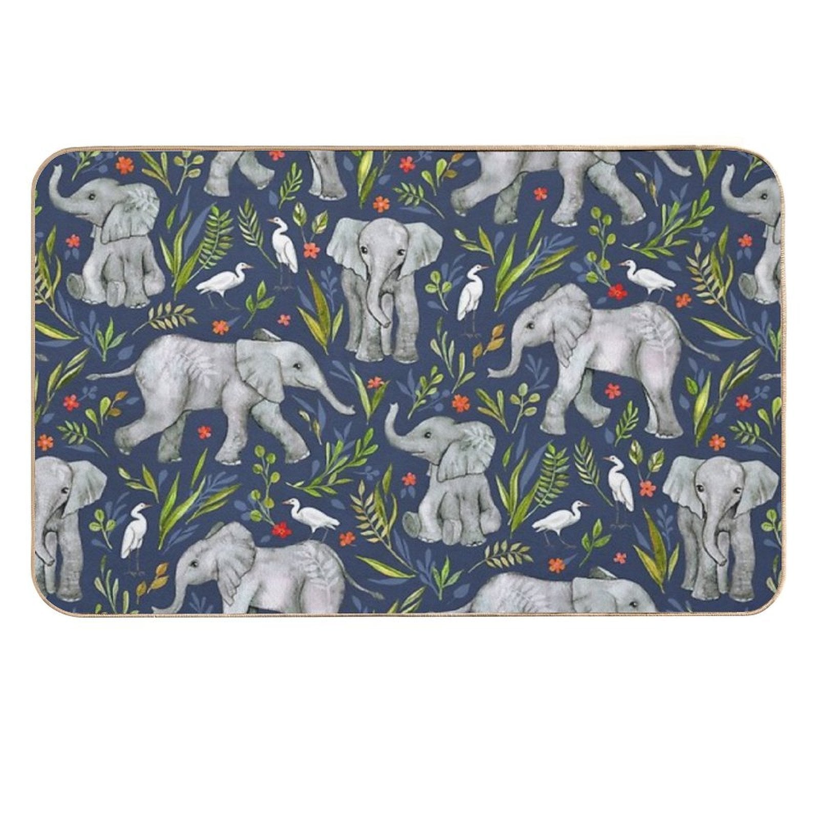 Baby Elephants And Egrets in Watercolor - Navy Blue  Odorless Bath Mat