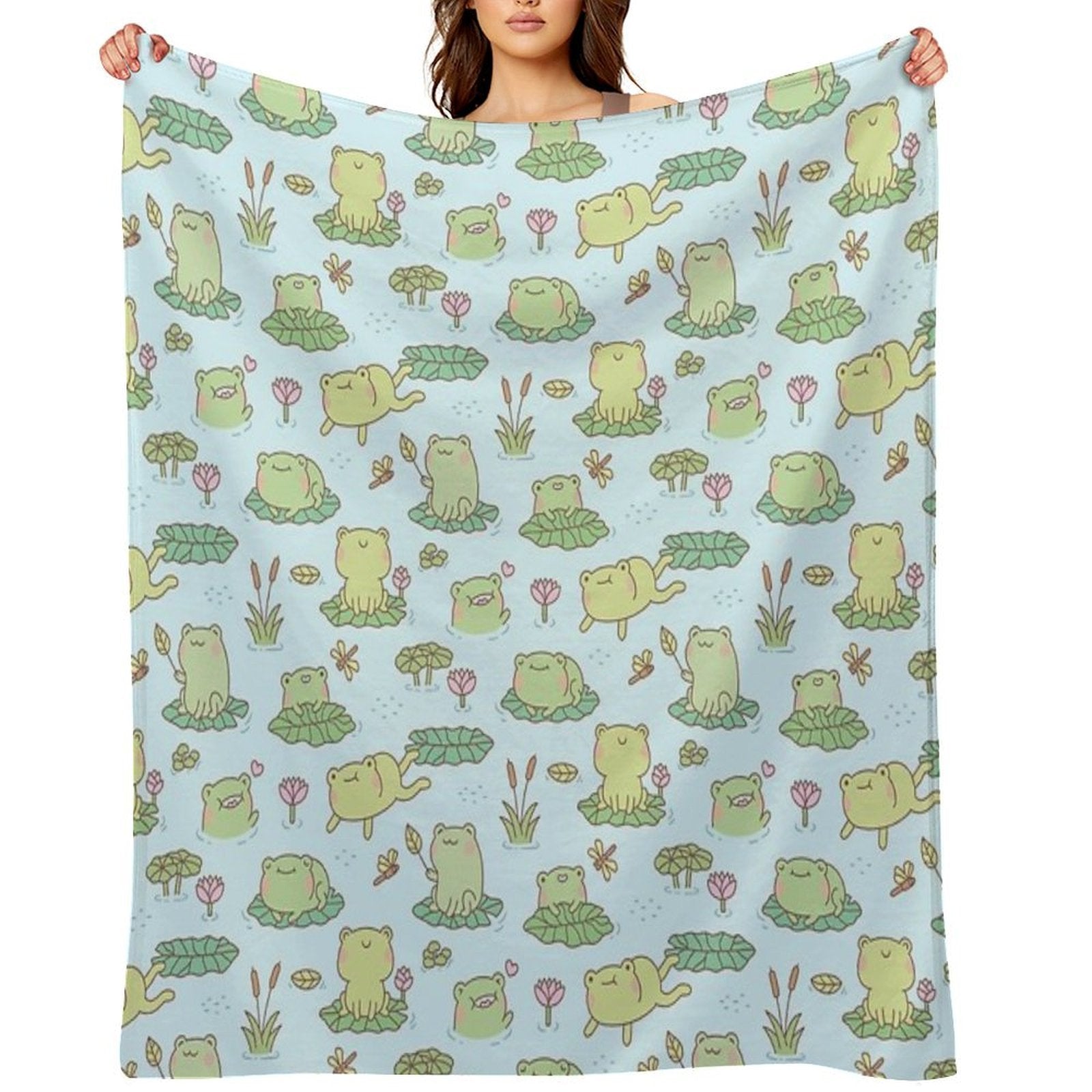 Cute Frogs And Dragonflies Pond Pattern Shrink-resistant Throw Blanket