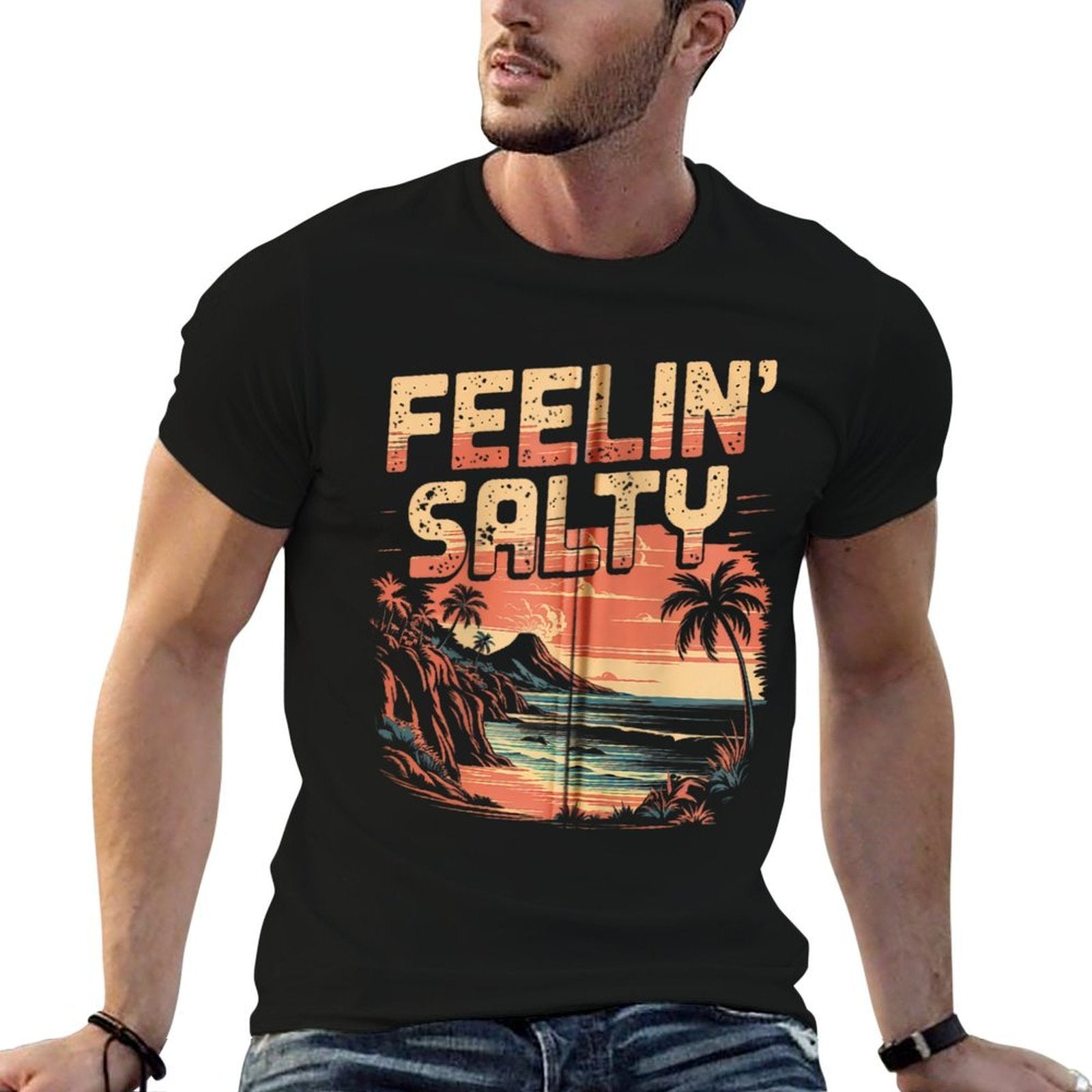 Feelin Salty Tshirt Beach Summer Vacation Vintage 70s Retro Zip  Trendy Pattern T-Shirt