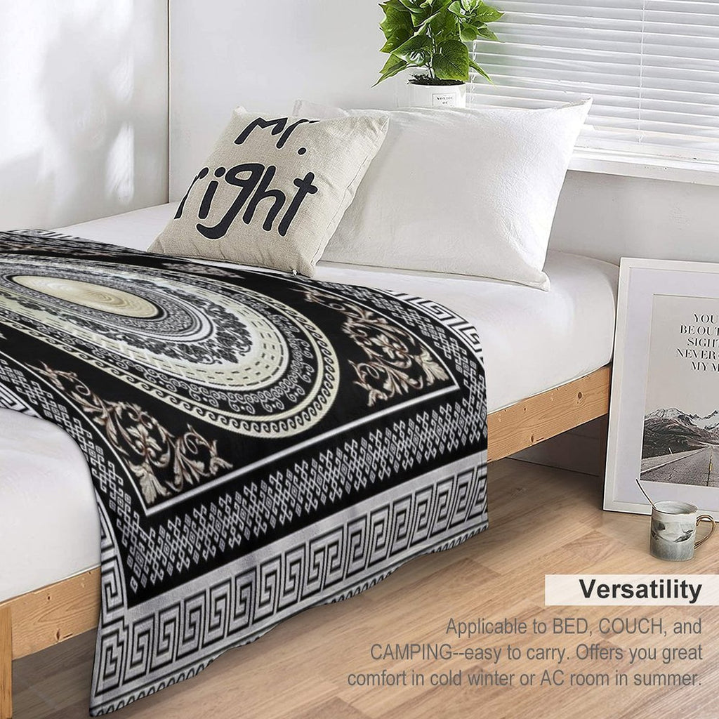Greek Key Meander Cream Black Medallion Ornate Baroque Travel-friendly Throw Blanket