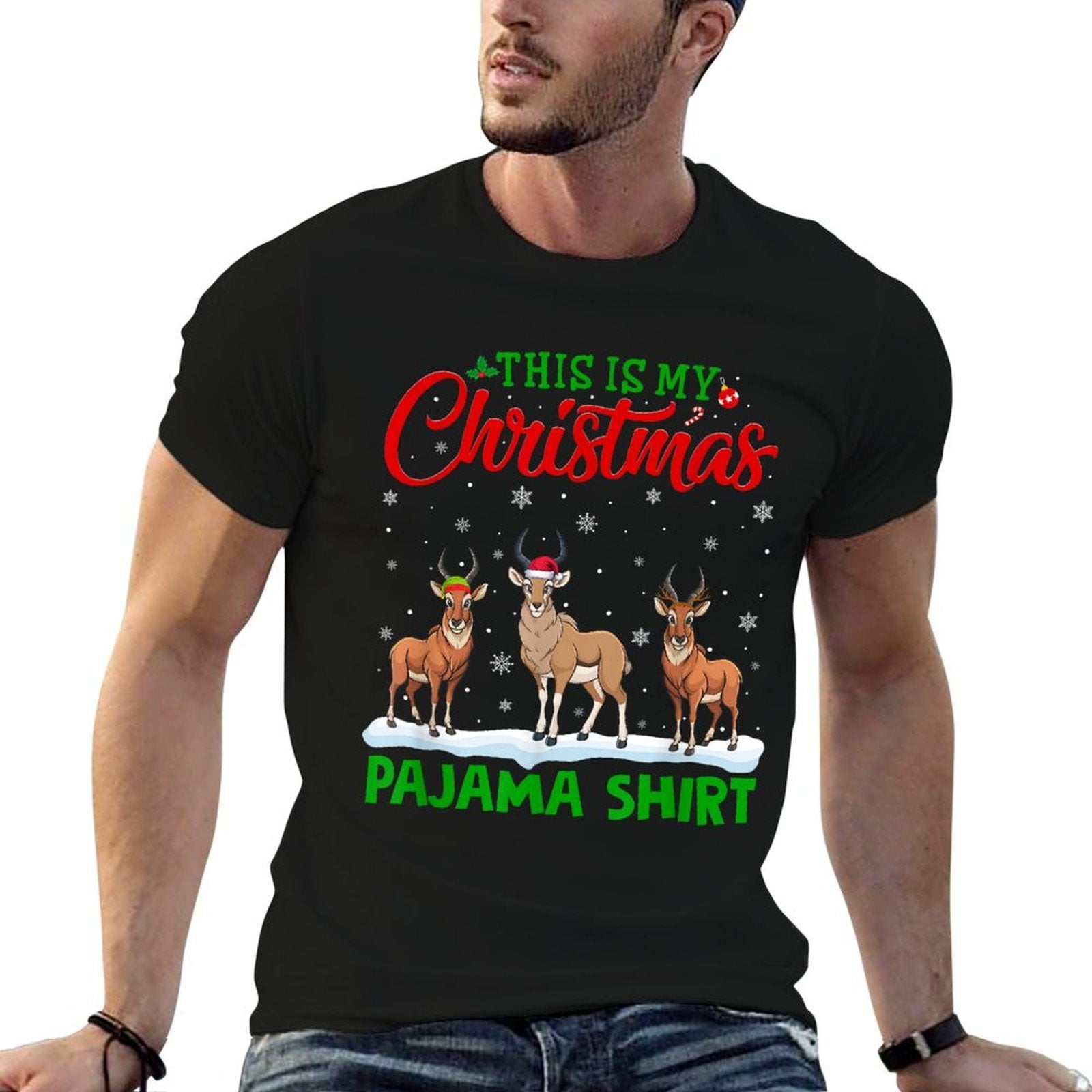 Xmas Santa Hat Reindeer Antelope Christmas Pajama  Versatile T-Shirt