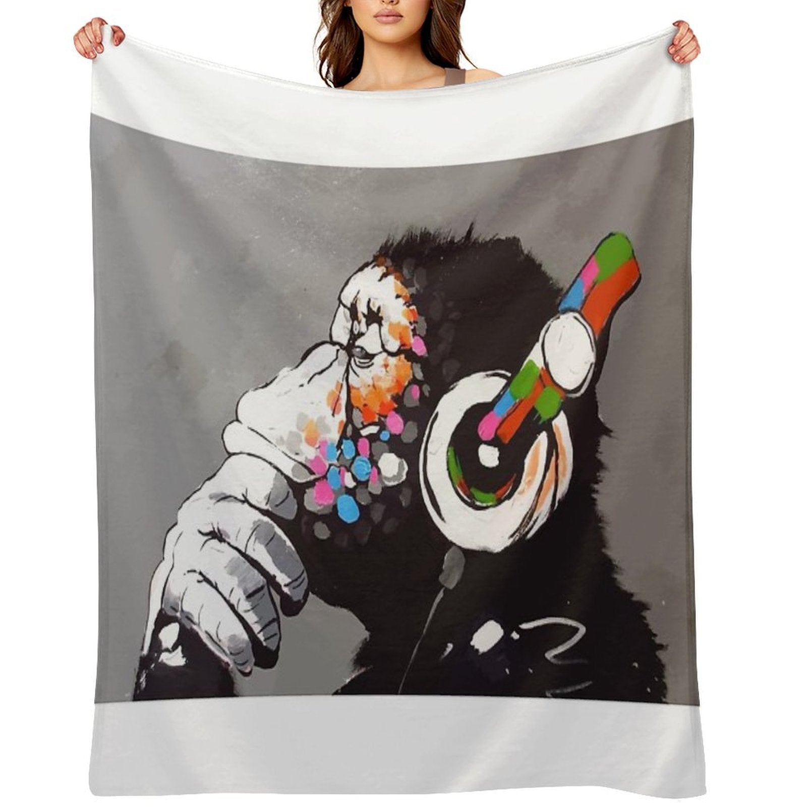 Banksy DJ Monkey Thinker with Headphones Velvety-soft Throw Blanket