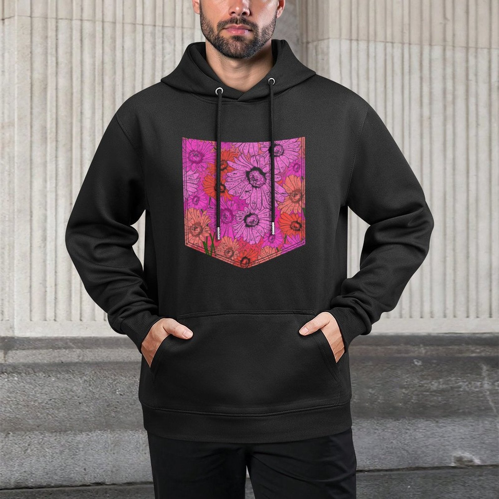 Colorful Flower Pocket Floral Pattern Botanical Kangaroo Pocket Hoodie