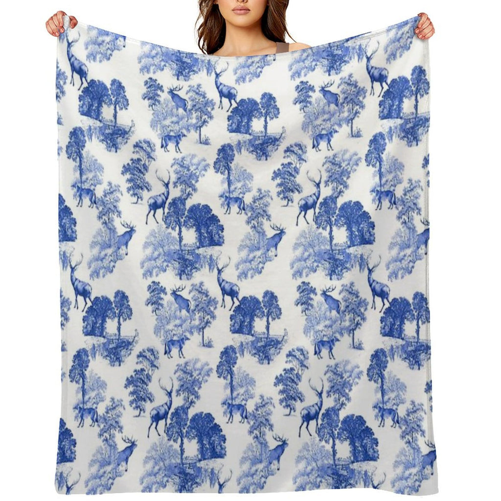 Elegant Vintage Blue Toile Deer in Woodland Quick-dry Throw Blanket