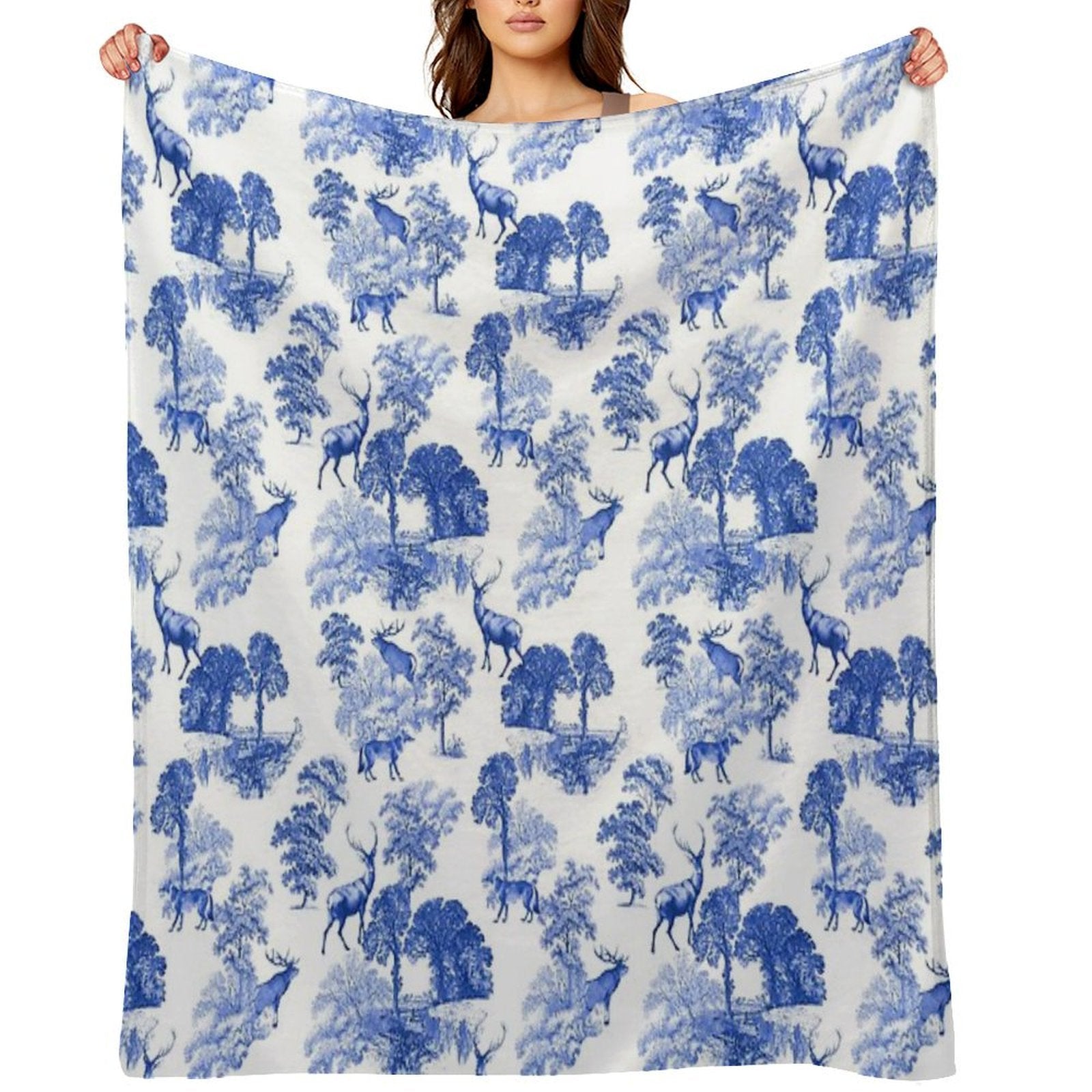 Elegant Vintage Blue Toile Deer in Woodland Quick-dry Throw Blanket