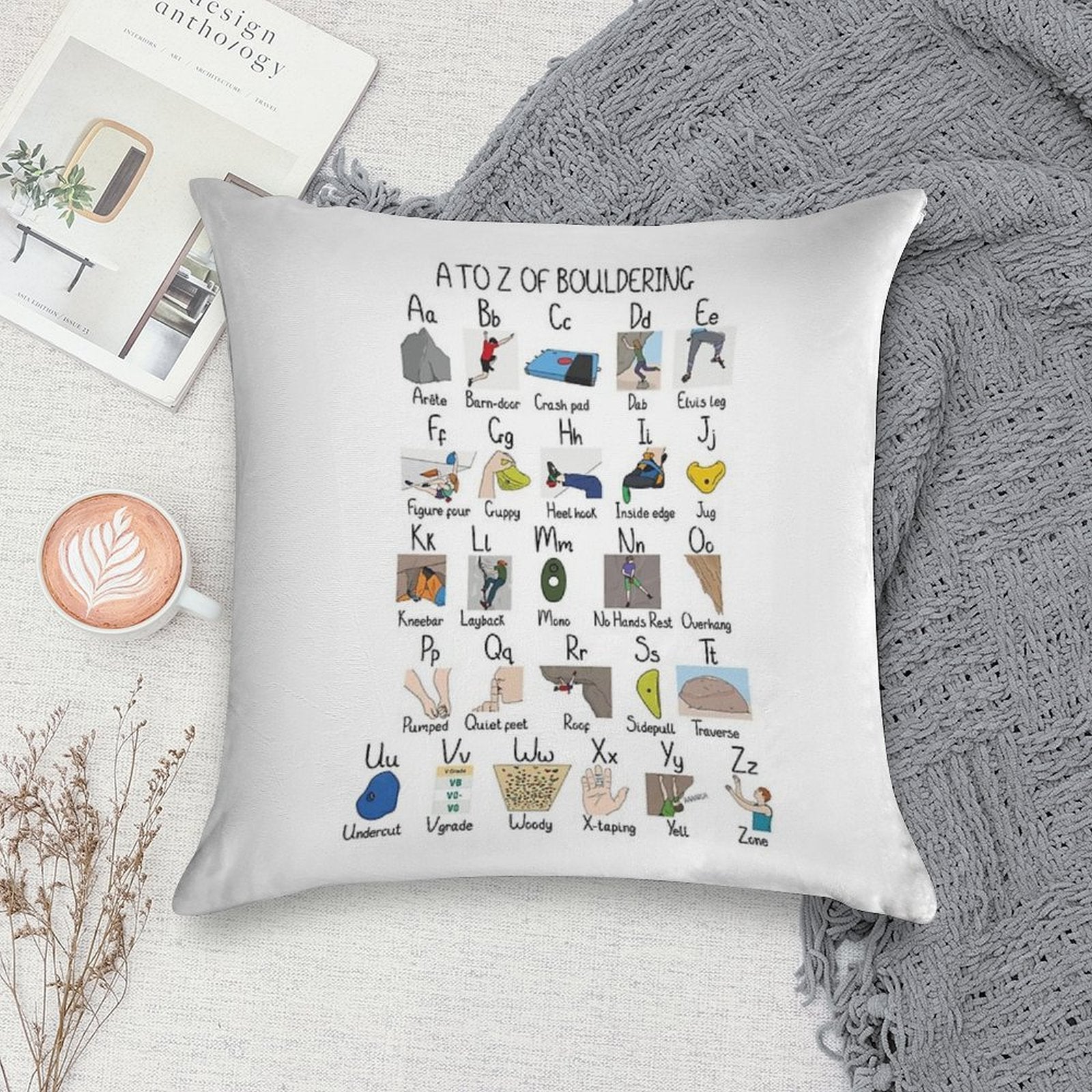 A to Z of Bouldering Soft Home Decor Throw Pillow