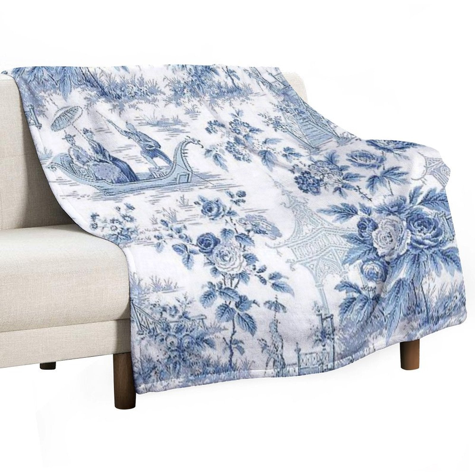 Powder Blue Chinoiserie Toile Shrink-resistant Throw Blanket