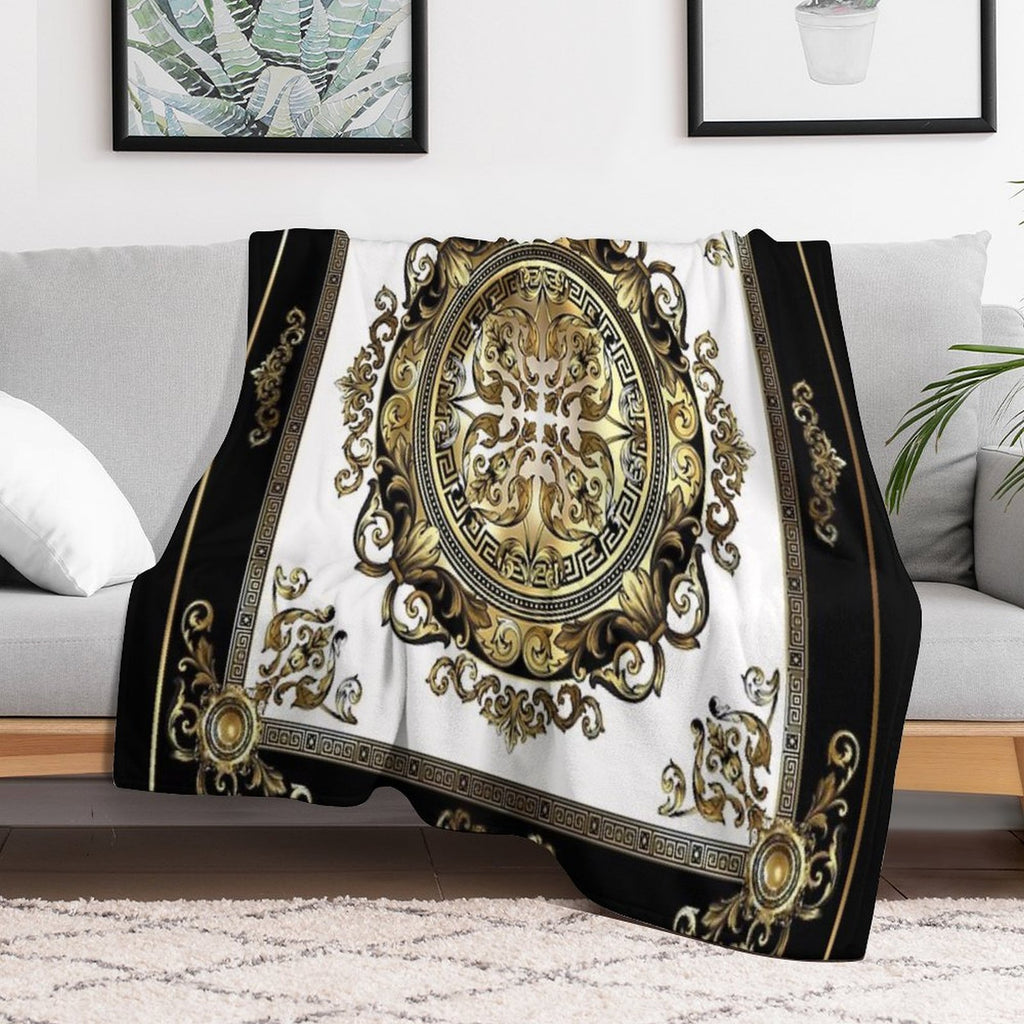 Ornate Baroque White Gold Black Greek Key Meander Compact Throw Blanket