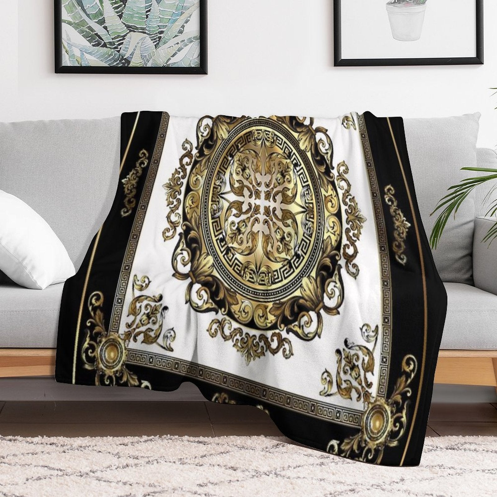 Ornate Baroque White Gold Black Greek Key Meander Compact Throw Blanket