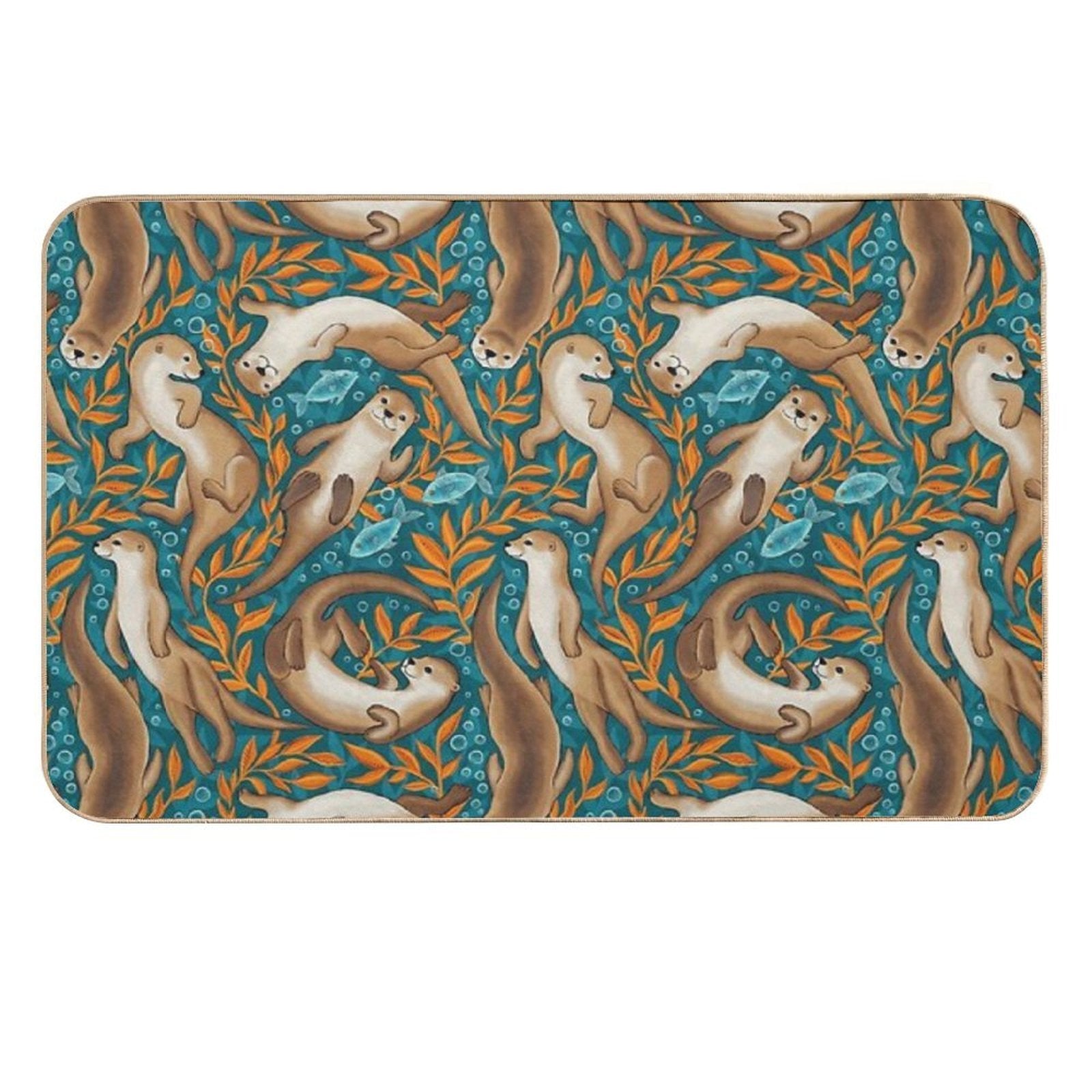 Sweet Swimming Otters in Dark Teal And Orange Gouache  Odorless Bath Mat