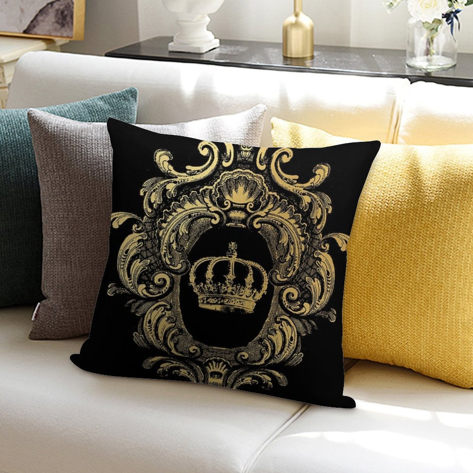 Ornate Gold Crown Black Soft Reinforced Edging Throw Pillow