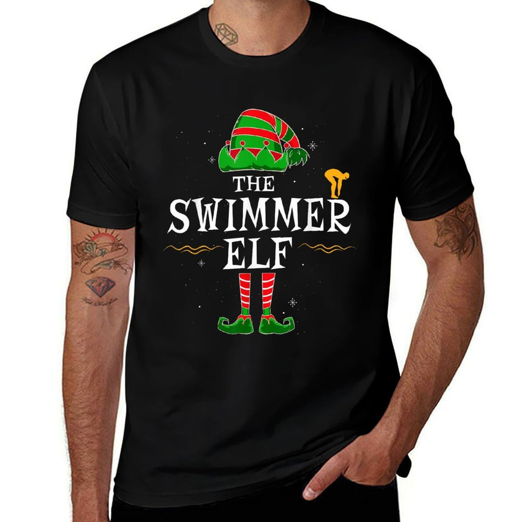 Swimmer Elf Group Matching Family Christmas Funny Swimming  Cotton T-Shirt