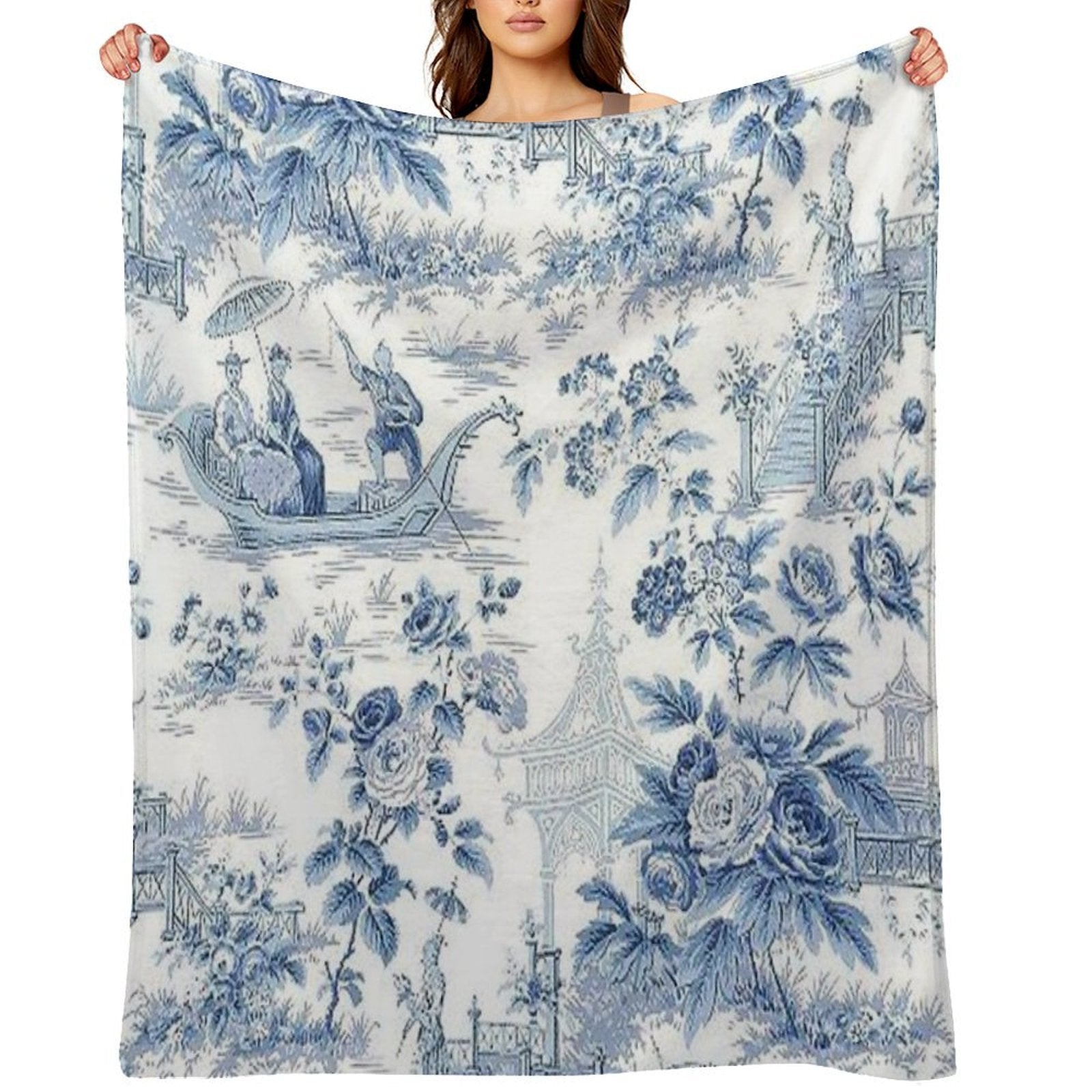 Powder Blue Chinoiserie Toile Shrink-resistant Throw Blanket