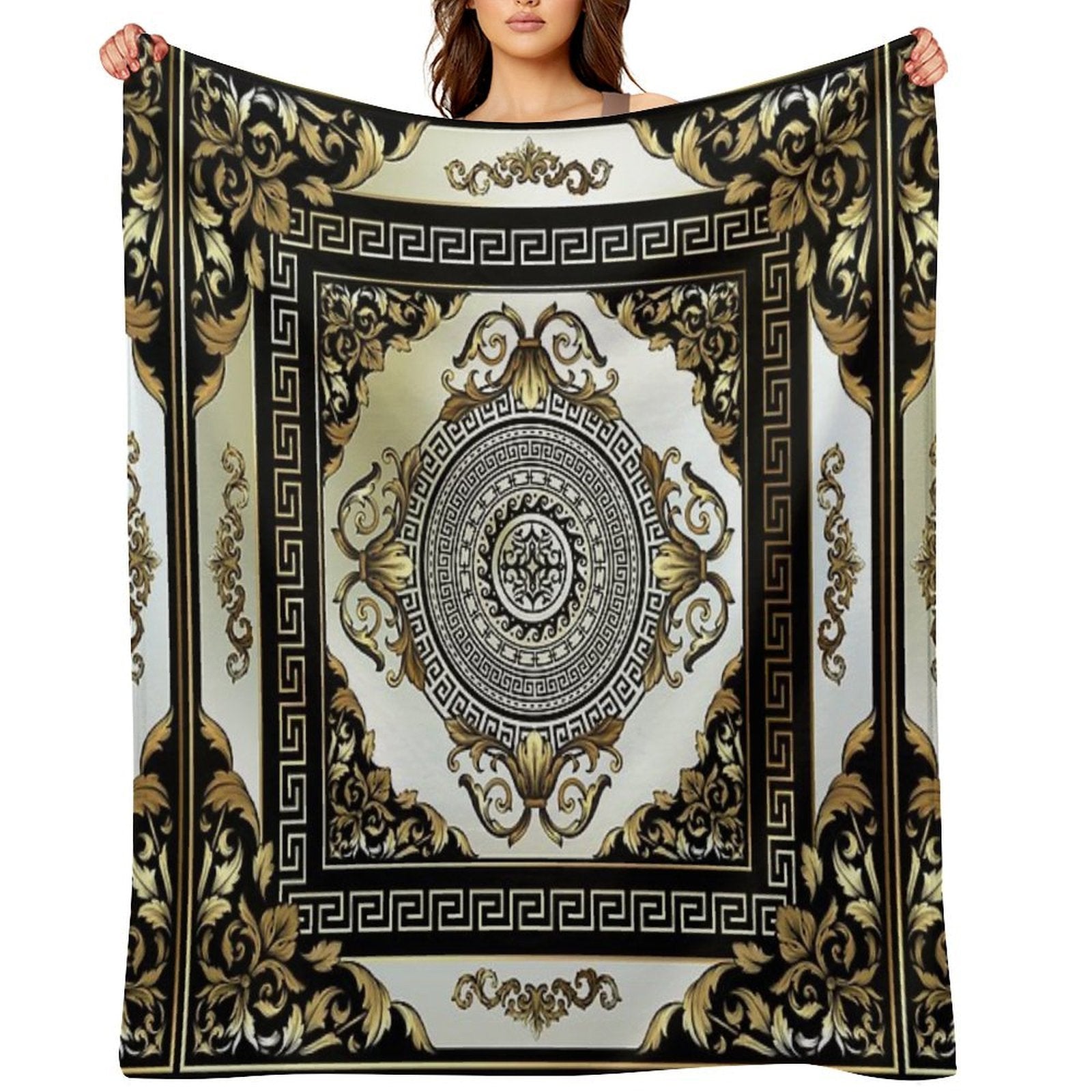 Ornate Baroque Cream Gold Black Greek Key 2 Anti-pilling Throw Blanket
