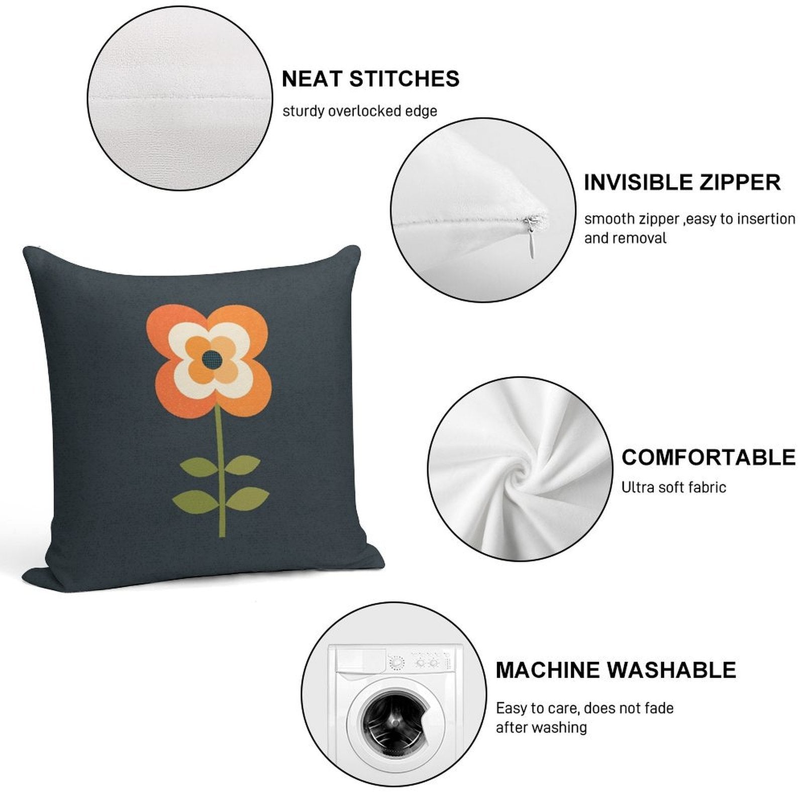 Retro Flower - Orange And Charcoal Soft Gift Ready Throw Pillow