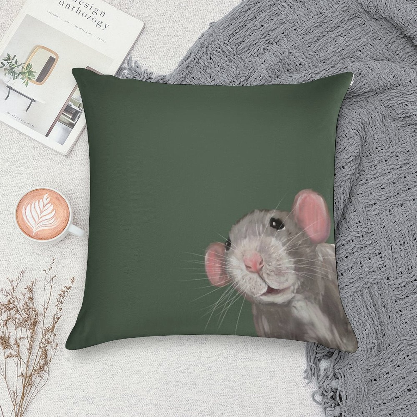 The Peeking Rat (Green) Soft Gift Ready Throw Pillow