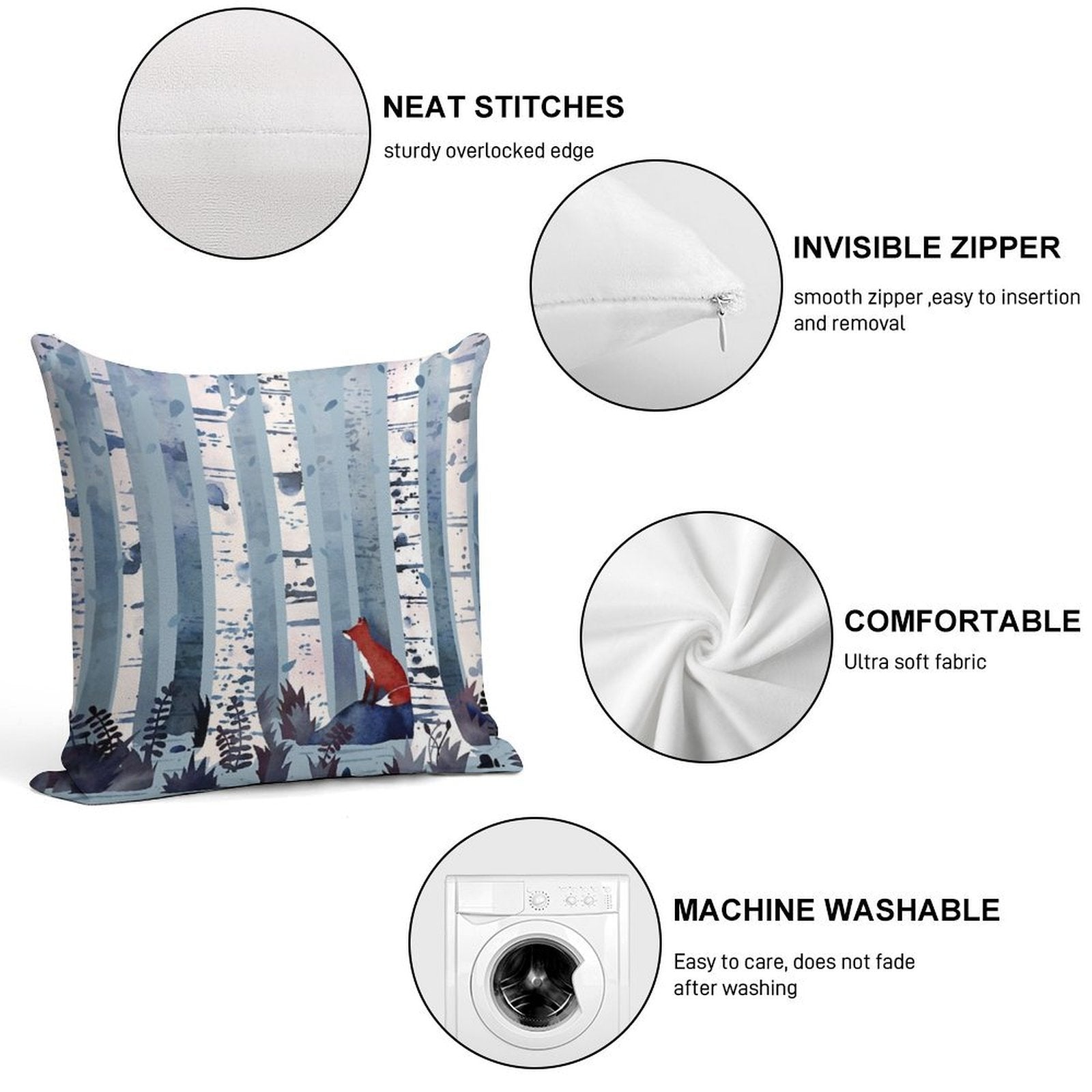 The Birches (in Blue) Soft Durable Construction Throw Pillow