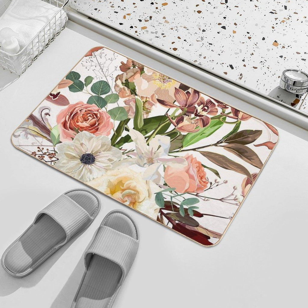Detailed Hand Drawn Flowers - Blooming Magnolia, Roses, Eucalyptus And Herbs.  Long-Lasting Bath Mat