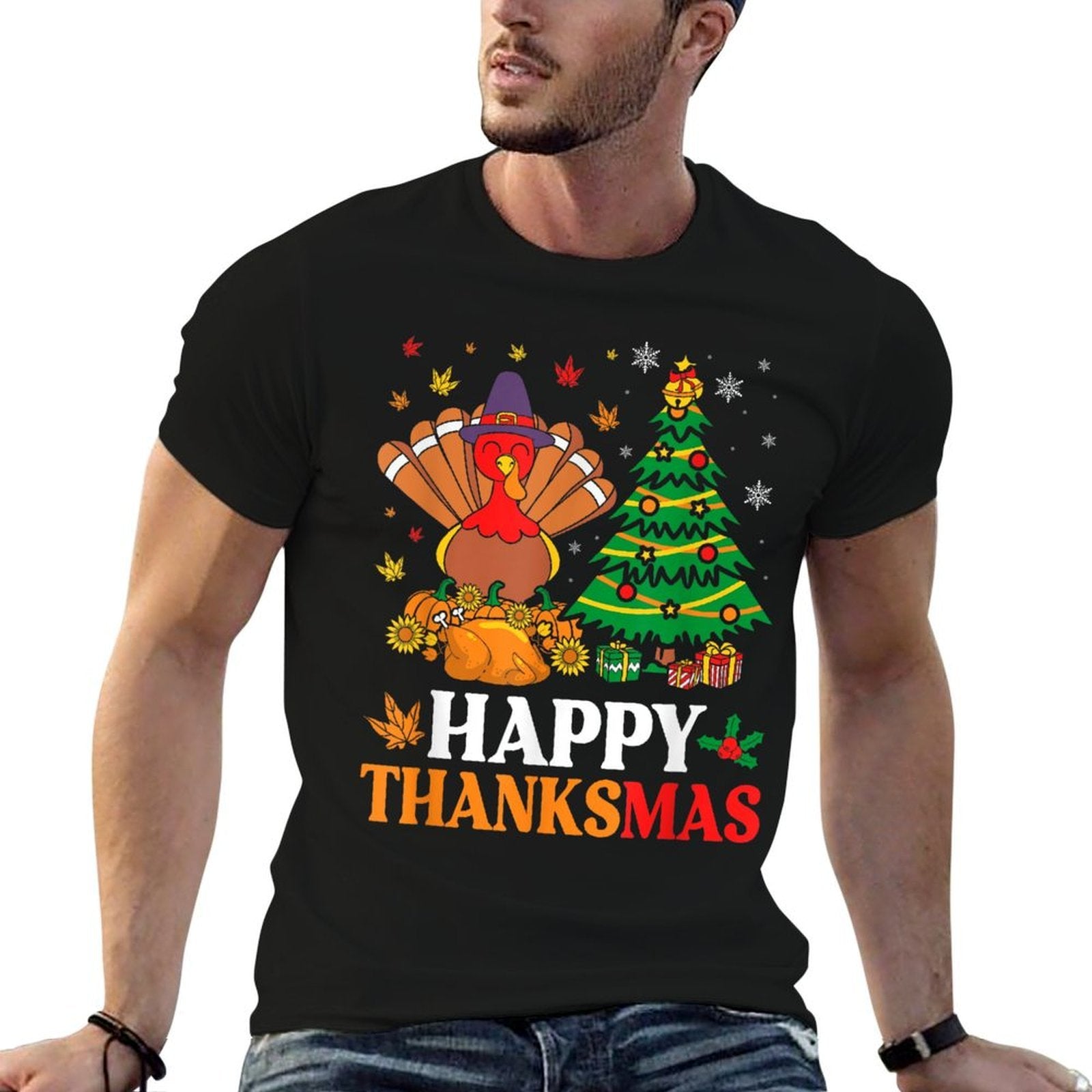 Happy Thanksmas Christmas Thanksgiving Funny Turkey  Cotton T-Shirt