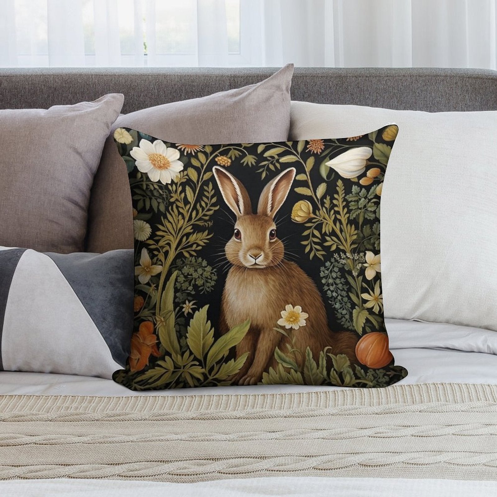 Vintage Rabbit William Morris Style Soft Short Plush Fabric Throw Pillow