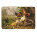 A Watchful Eye ,Rooster,Hens And Chickens With Wheelbarrow in Countryside  Stain-Proof Bath Mat