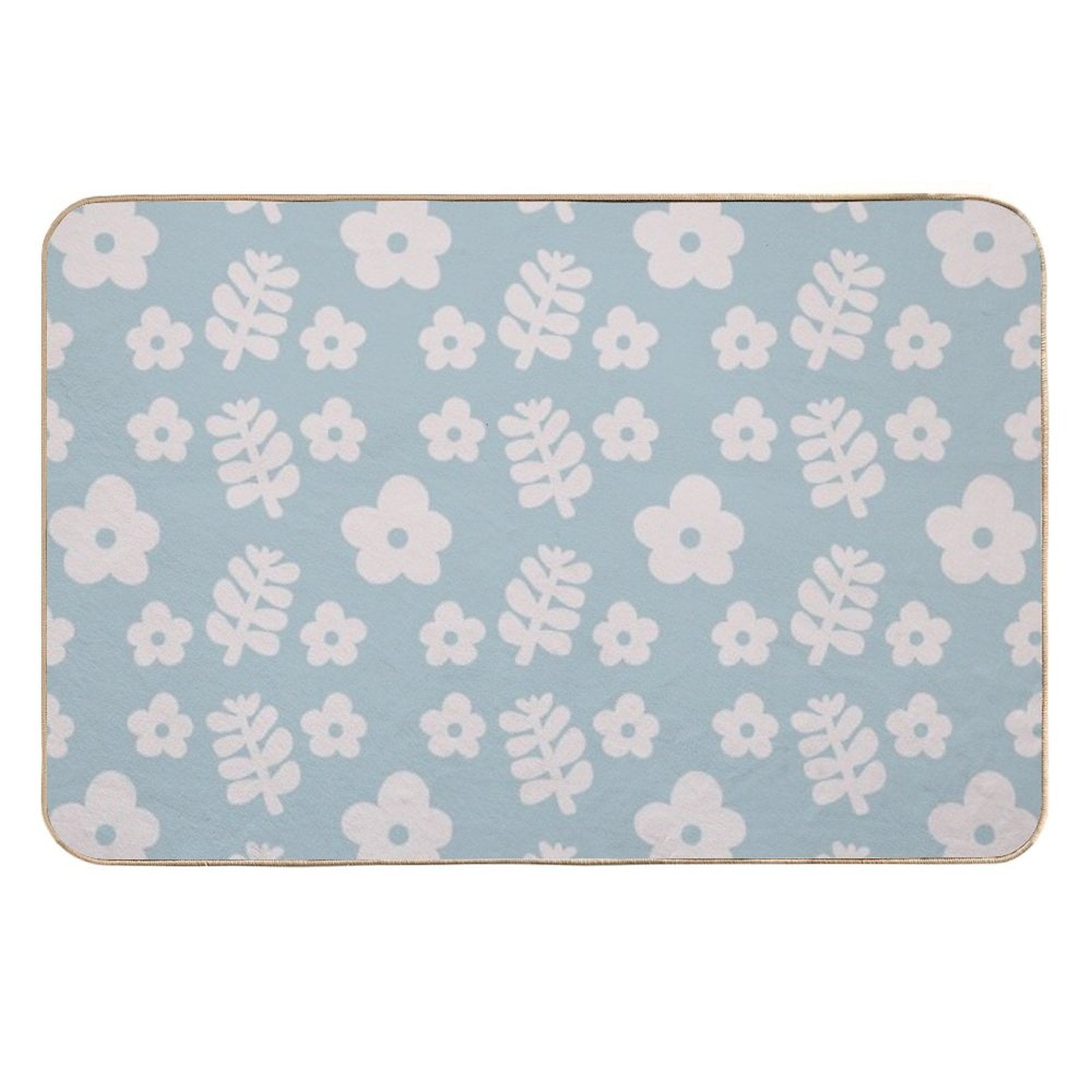 Mid Century Modern Flowers & Leaves, Cute Retro Pattern, Sky Blue  Easy Maintenance Bath Mat