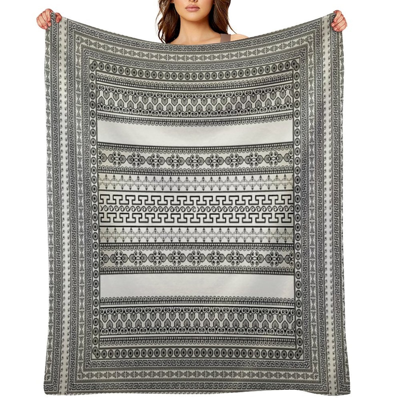 Greek Key Border Cream White Black Floral Premium Throw Blanket