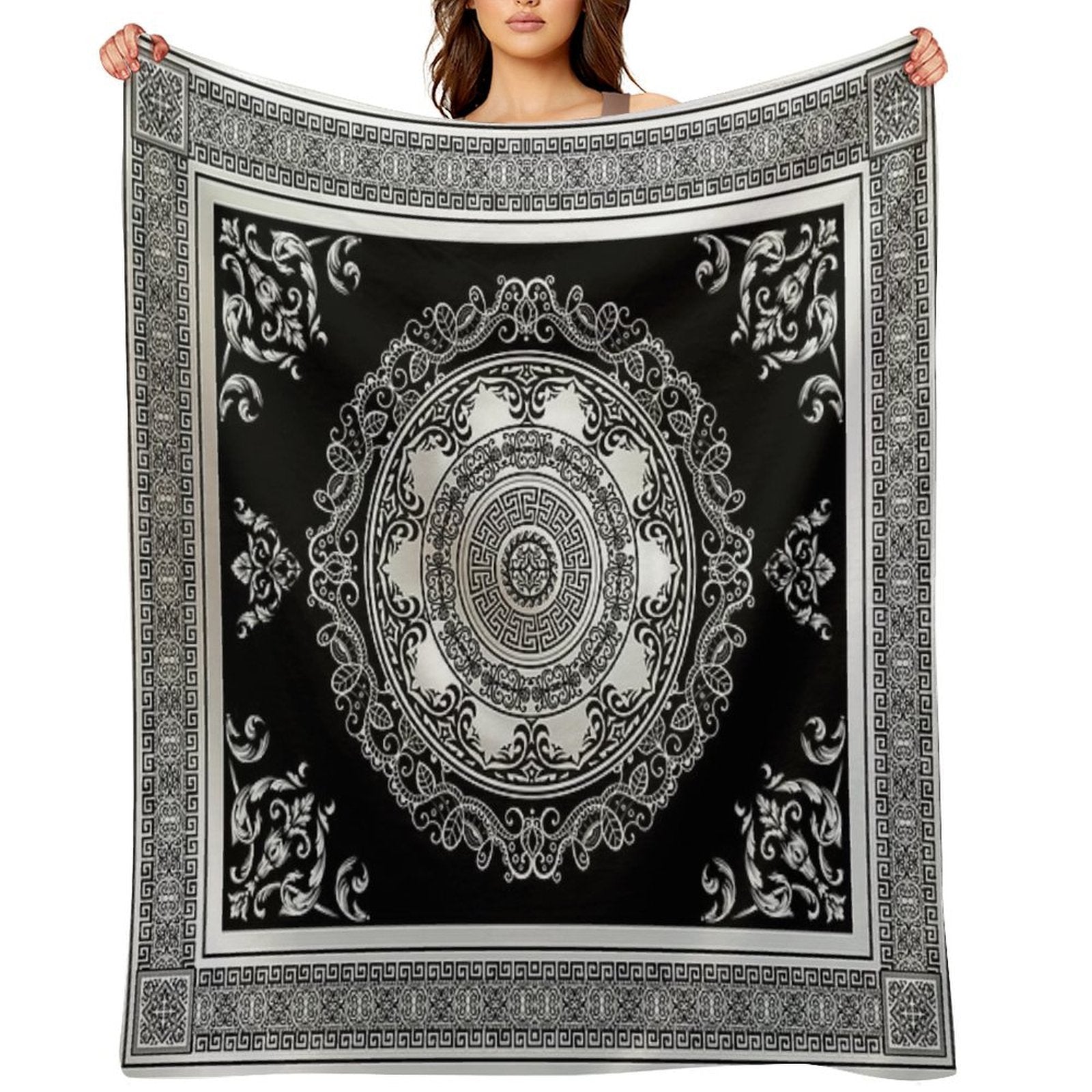 Baroque Ornate Cream And Black Greek Key Compact Throw Blanket